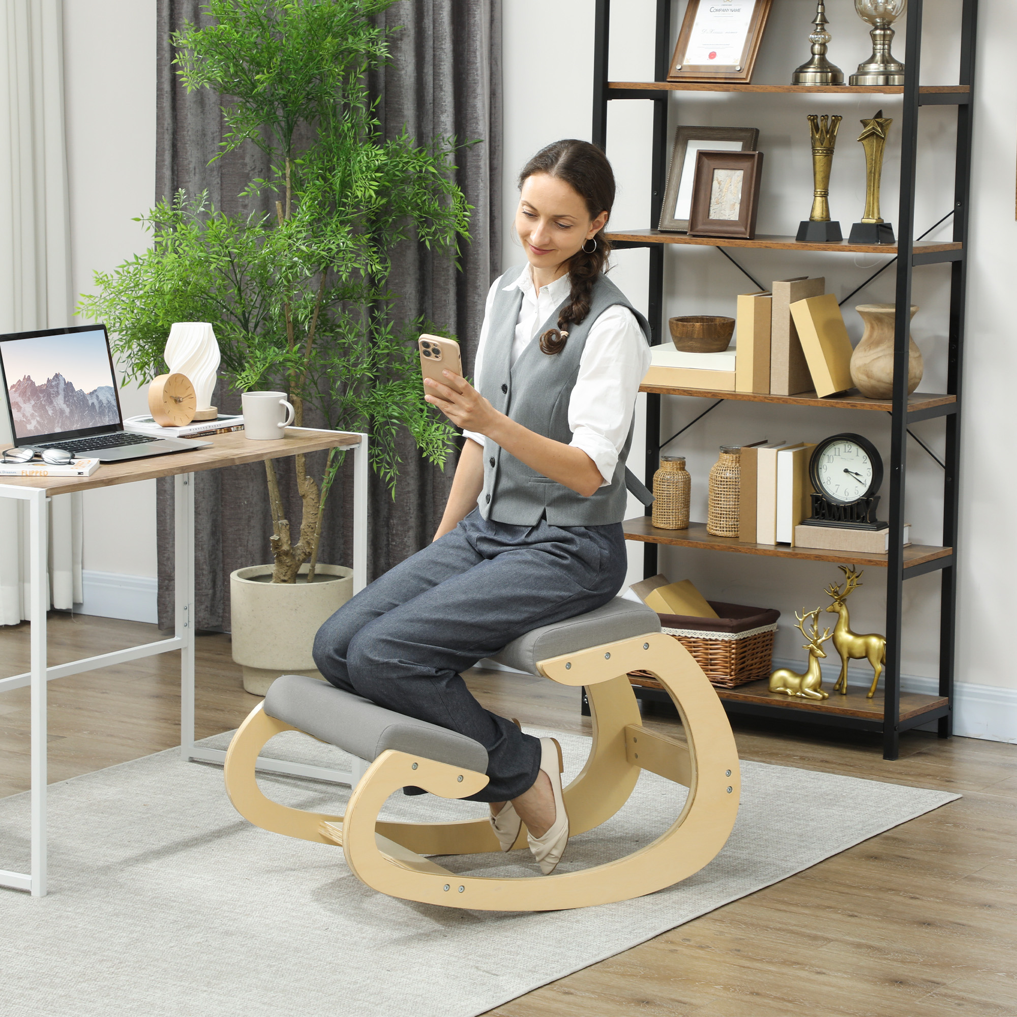 Ergonomischer, schaukelnder Kniehocker für Homeoffice, zur Verbesserung der Körperhaltung, Hellgrau