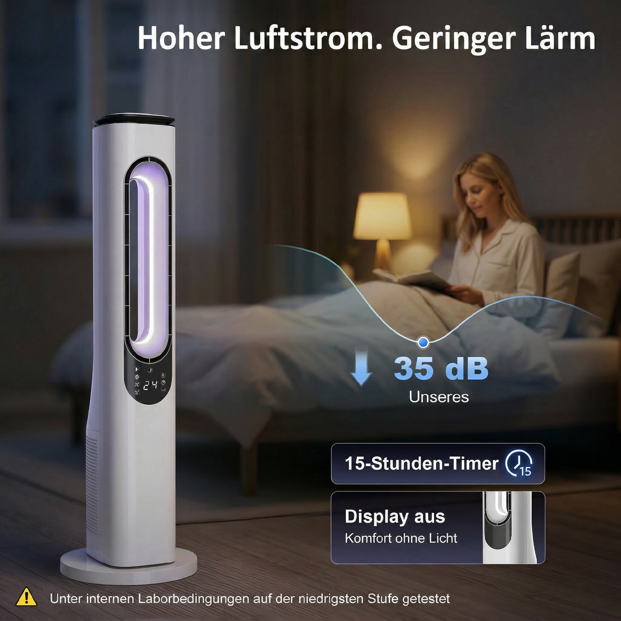 rotorloser Turmventilator für Schlafzimmer, 35 dB leiser Standventilator mit 50° Oszillation, LED-Leuchten, 3 Geschwindigkeiten, 15-Stunden-Timer, Weiß