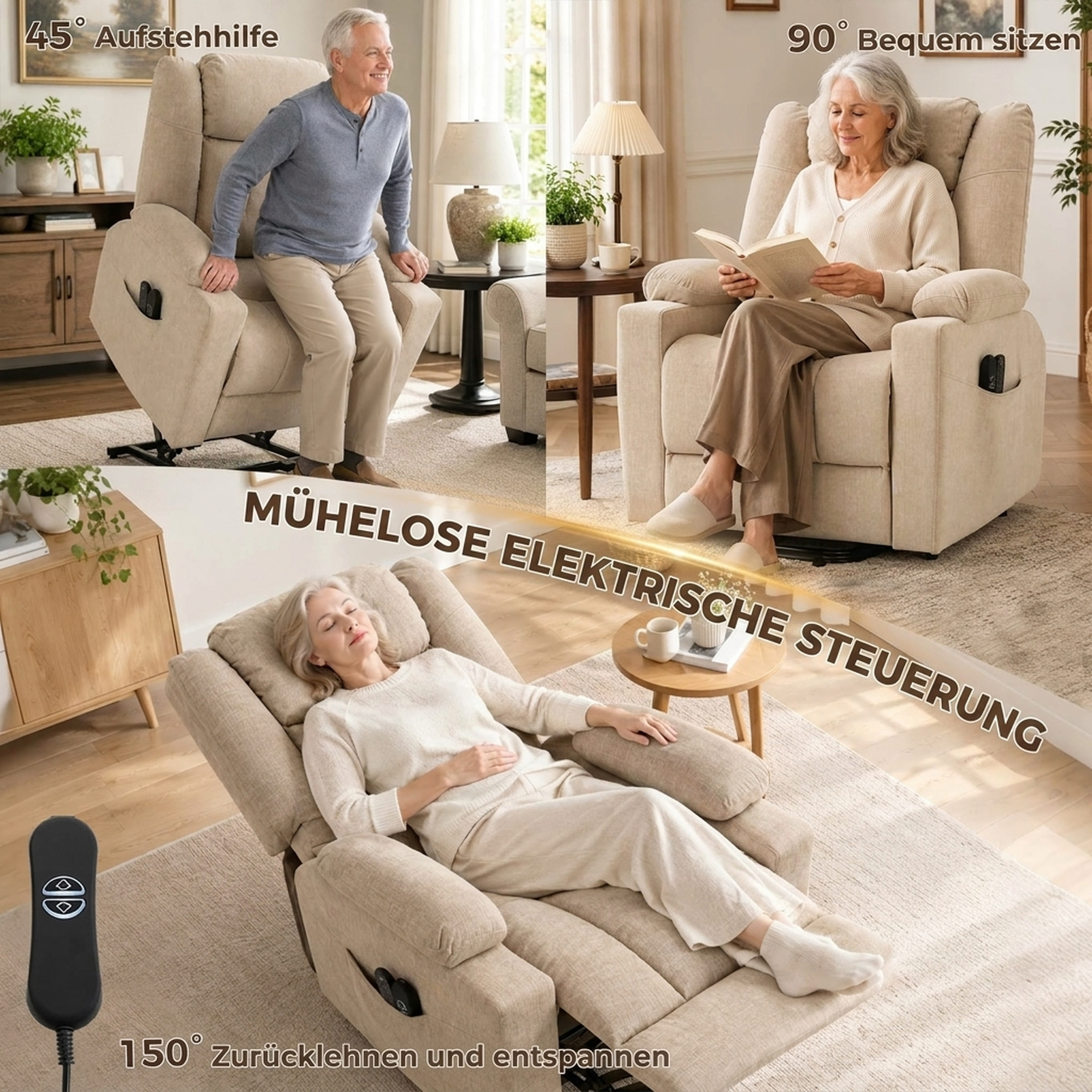 Elektrischer Aufstehsessel mit Vibrationsmassage und Wärmefunktion, Relaxsessel in Samtoptik mit Federkernpolsterung, Cremeweiß