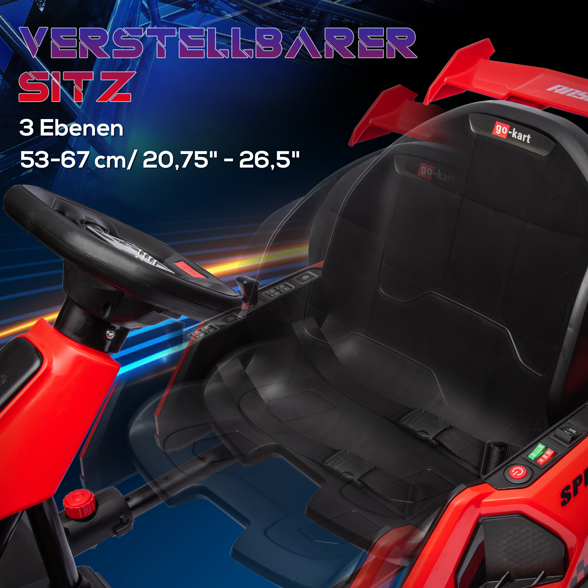 Go-Kart für Kinder, Elektro-Kart mit Hupe und Musikfunktion, verstellbarer Sitz, bis 12 km/h, Kunststoff, Metall, Rot