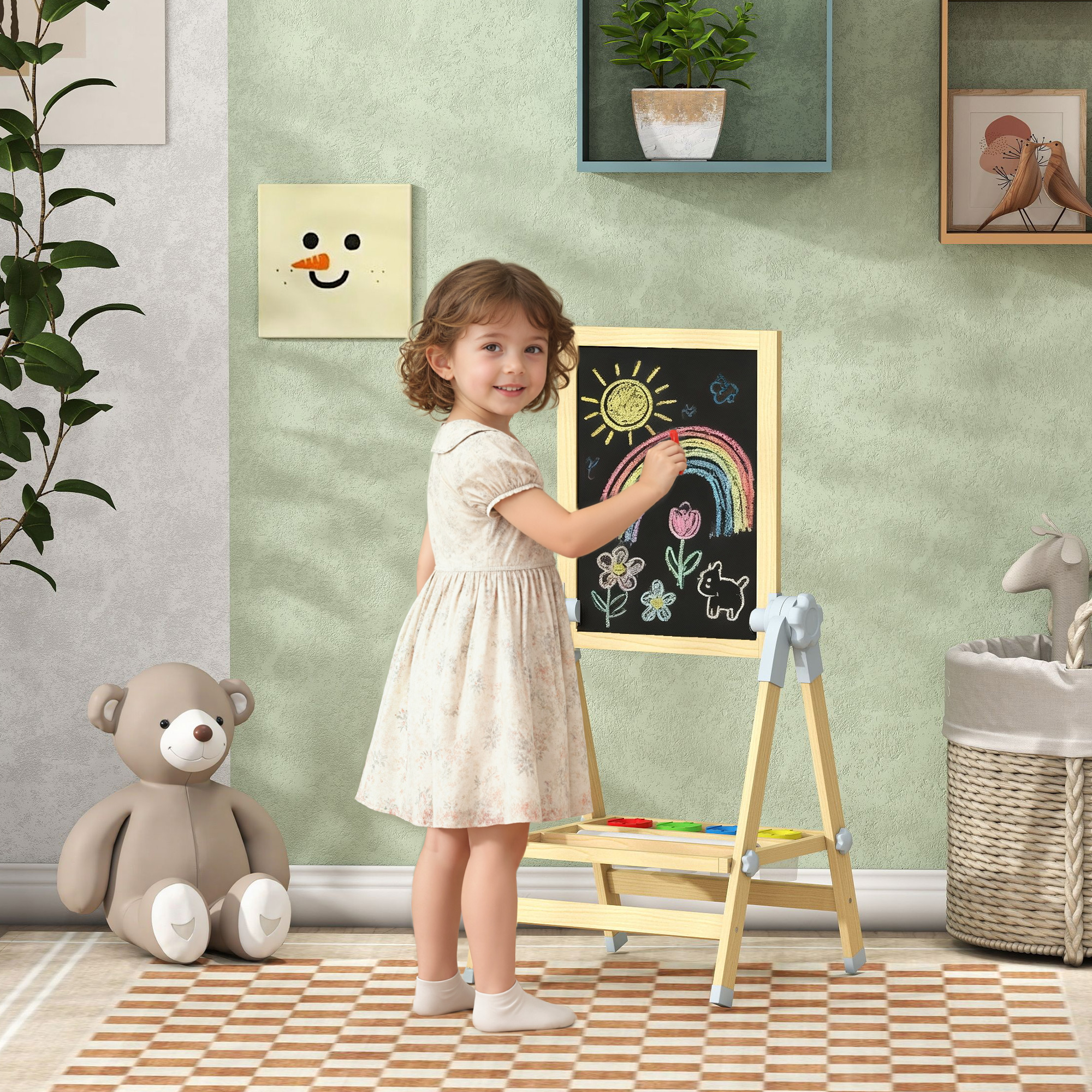 Kinder Staffelei aus Holz, Doppelseitige Whiteboard und Tafel Höhenverstellbar Standtafel mit Papierrolle, Ablage, Natur
