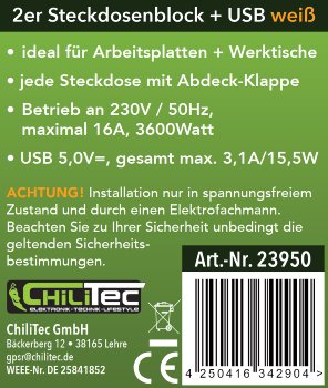 2-fach Steckdosenblock, USB-A+C, weiß / 250V~/ 16A, USB 3,1A, PD, mit Klappen