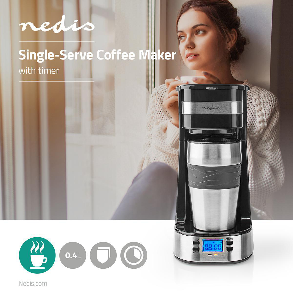 Kaffeemaschine | Filter Kaffee | 0.4 l | 1 Tassen | Timer einschalten | schwarz / Silber