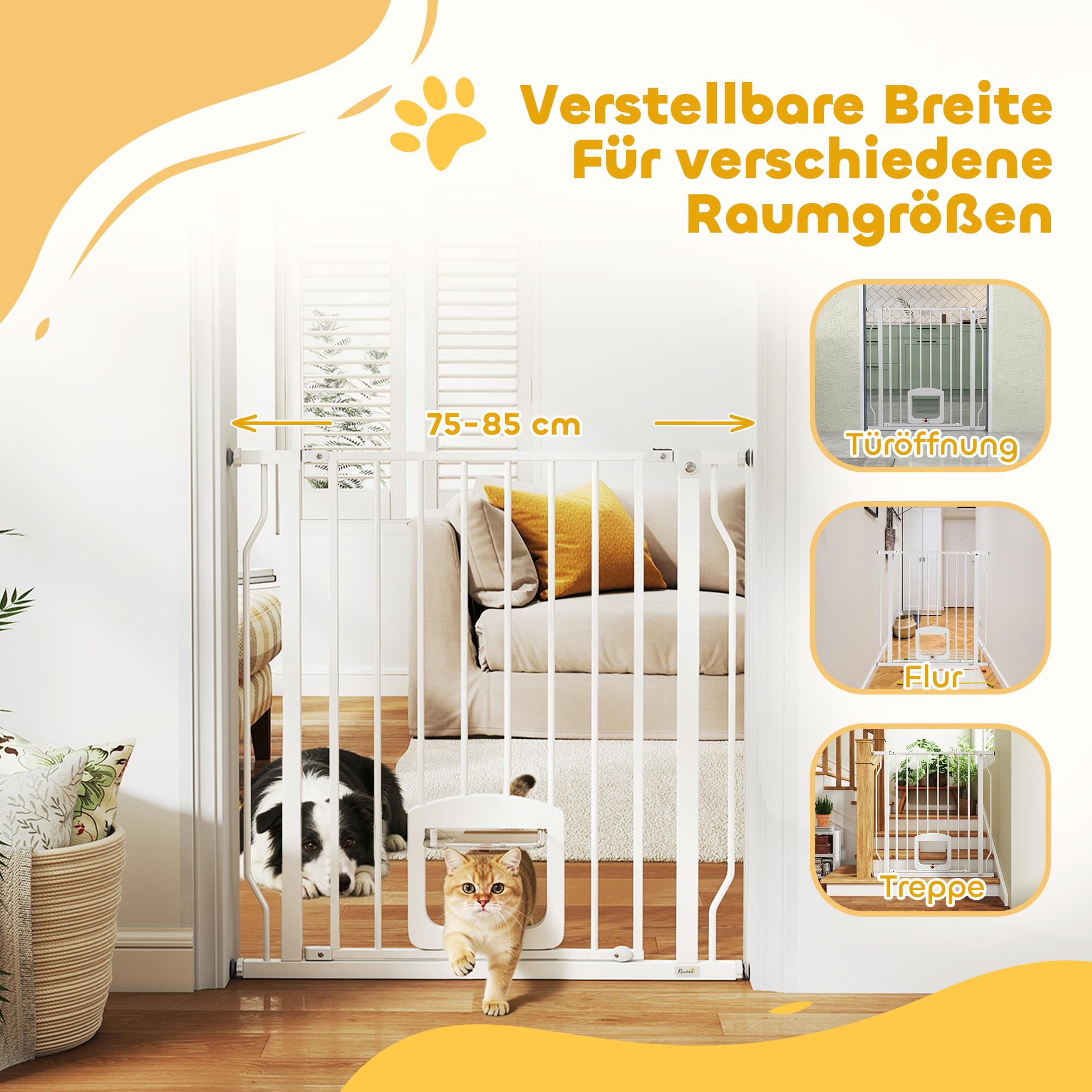 Treppenschutzgitter Türschutzgitter mit Katzenklappe ohne Bohren 75-85 cm aus Stahl für Hunde, Treppen, Tür, Weiß