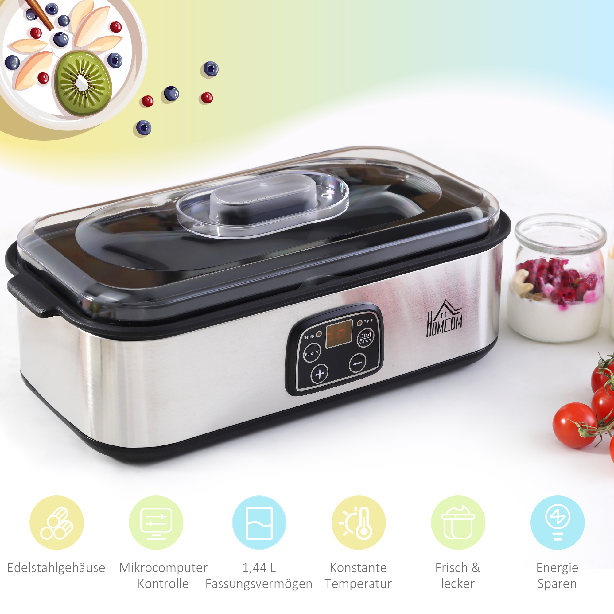 Joghurtbereiter, griechische Joghurtmaschine mit Deckel, 8 BPA-freier Glas-Innenbehälter à 180 ml, Joghurt Maker mit LCD Display Timer, für bis zu 1,4 Liter Joghurt 25 W Silber