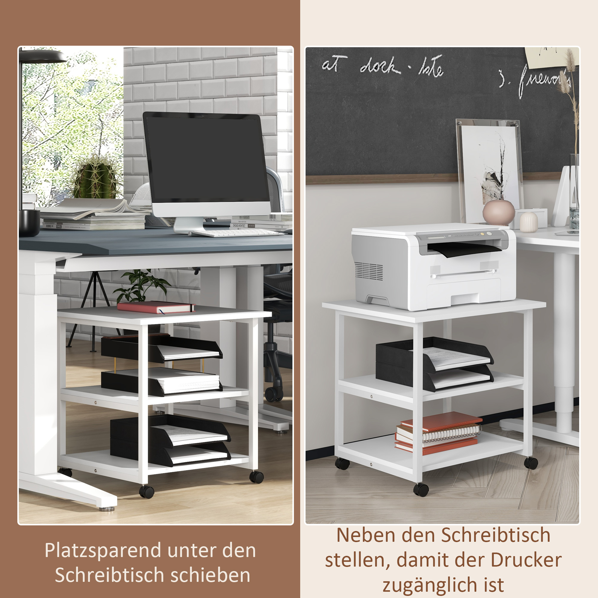 Druckertisch mit Rolle, Druckerständer mit 3-Ebene, Druckerhalter Stahl, 50 x 50 x 52,5 cm