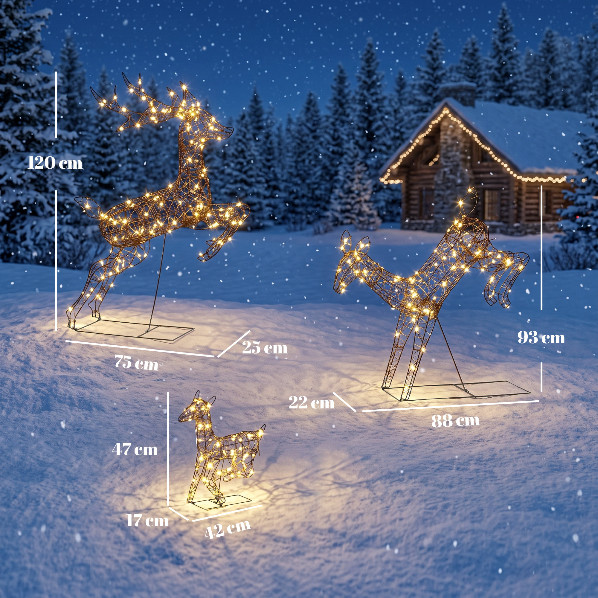 3-teiliges beleuchtetes Rentier-Set, Weihnachtsdeko für außen mit 200 warmweißen LEDs, 8 Modi, Tages-Timer