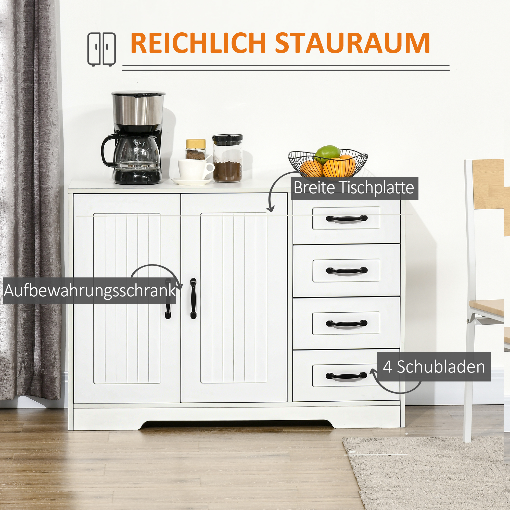 Sideboard Kommode Anrichte, Modernstil, 4 Schubladen, 1 Schrank, 105 cm x 40 cm x 76 cm, Weiß