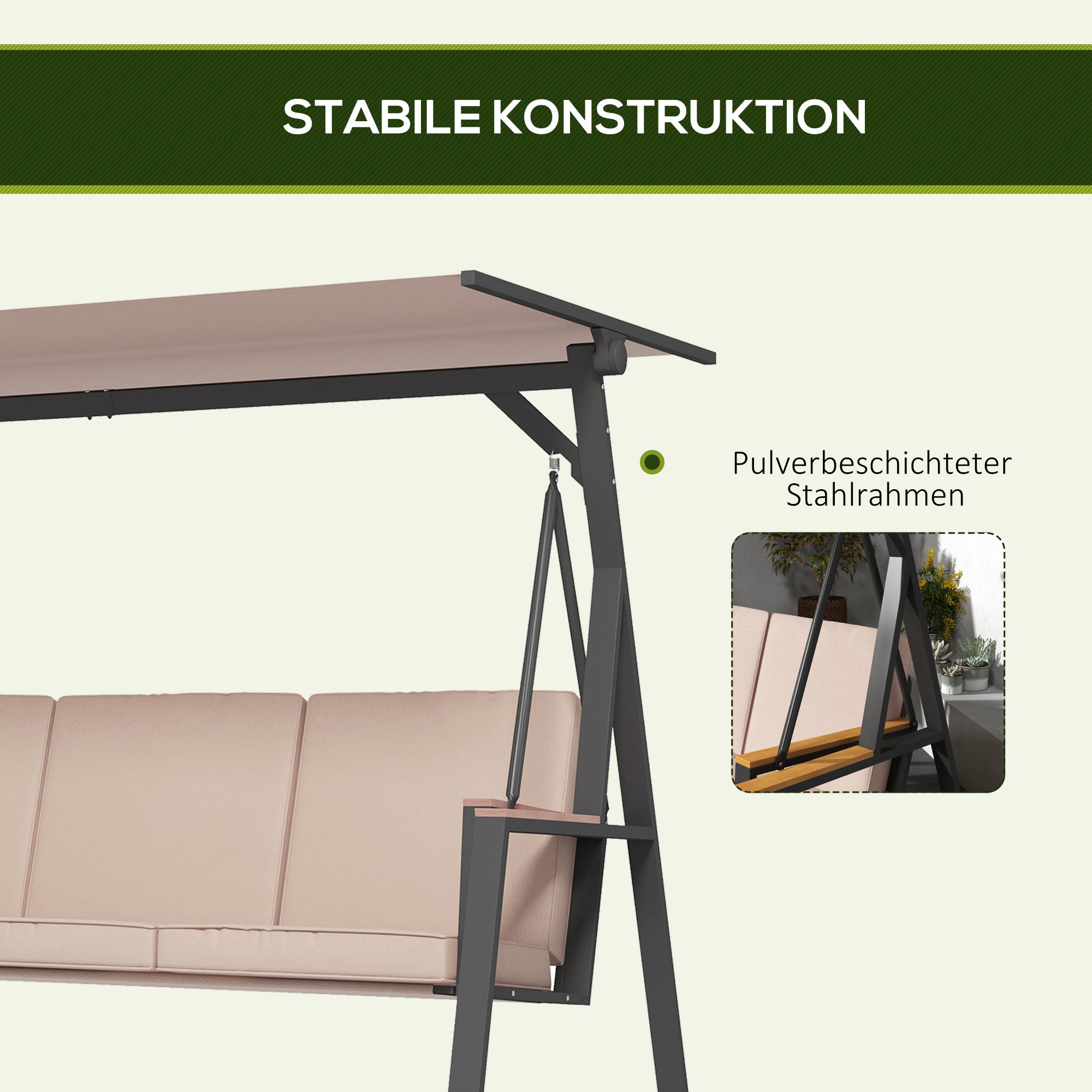 Hollywoodschaukel Gartenschaukel 3-Sitzer-Schaukel, mit Sonnendach, wetterbeständig, Beige + Schwarz