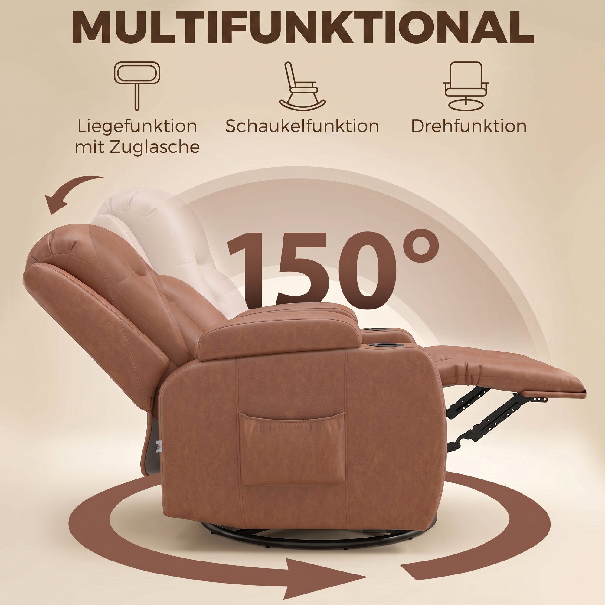 Massagesessel mit Wärmefunktion, drehbarer Schaukelsessel mit Fußstütze, Hellbraun