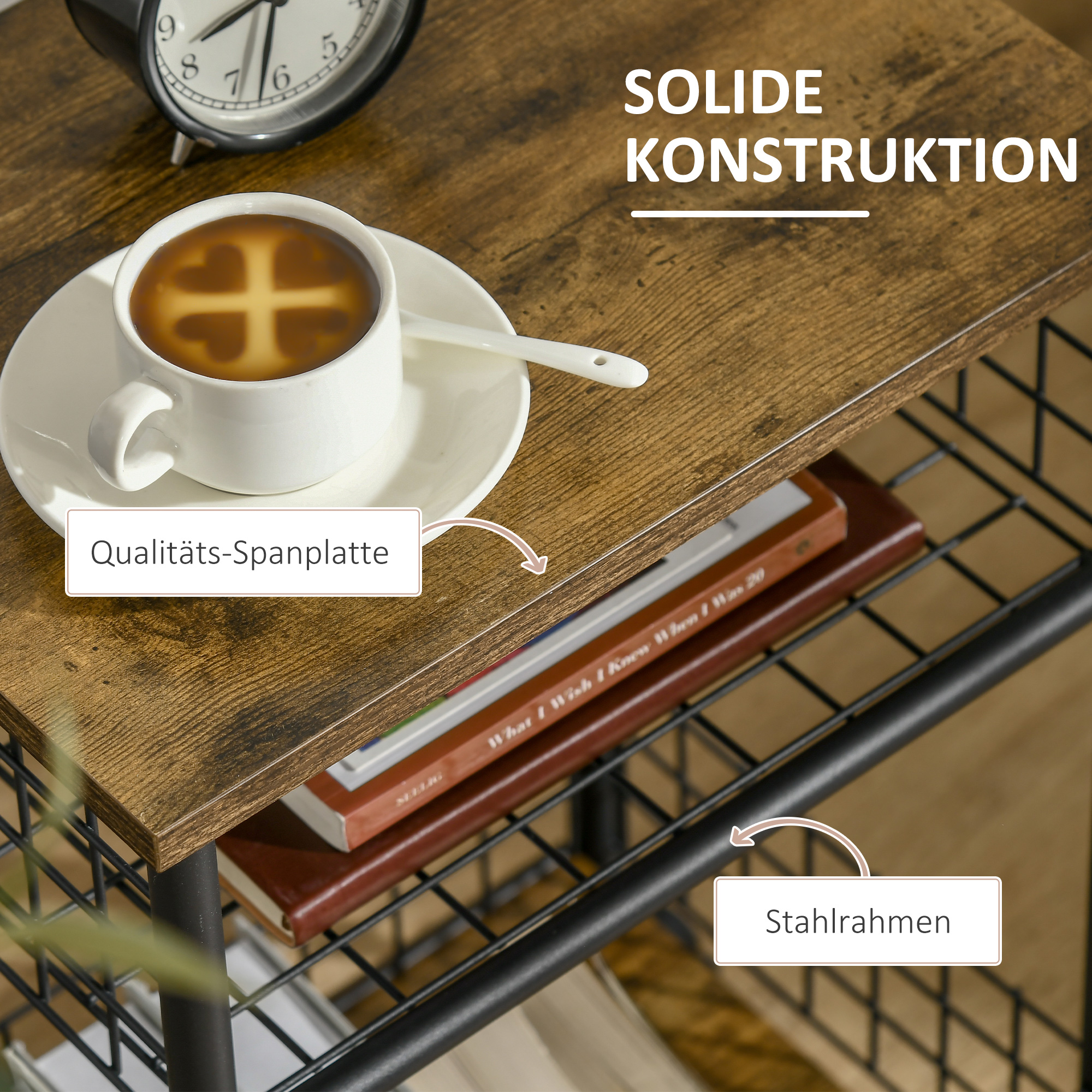 Küchenwagen im Industriedesign 1 Regal 1 Aufbewahrungskorb 4 Räder 40 cm x 30 cm x 62 cm Stahl Schwarz + Braun