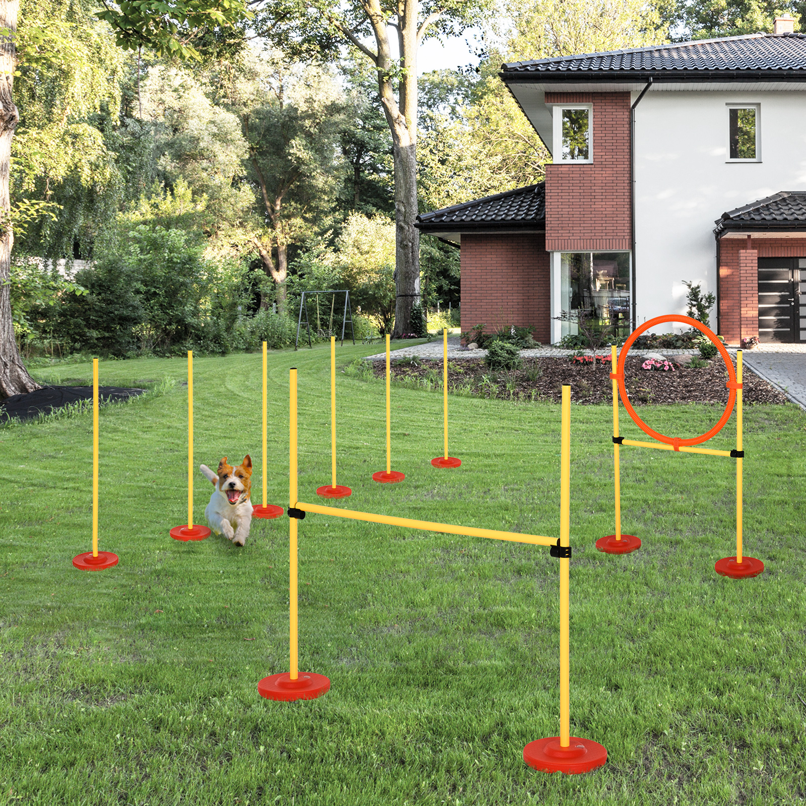 Agility Set Hunde 3-teiliges Agility-Ausrüstung für Hundetraining Steckhürdenset mit 6 Slalomstangen höhenverstellbar Hürden Sprungreifen Tragetasche Agilityset für Spiele Training