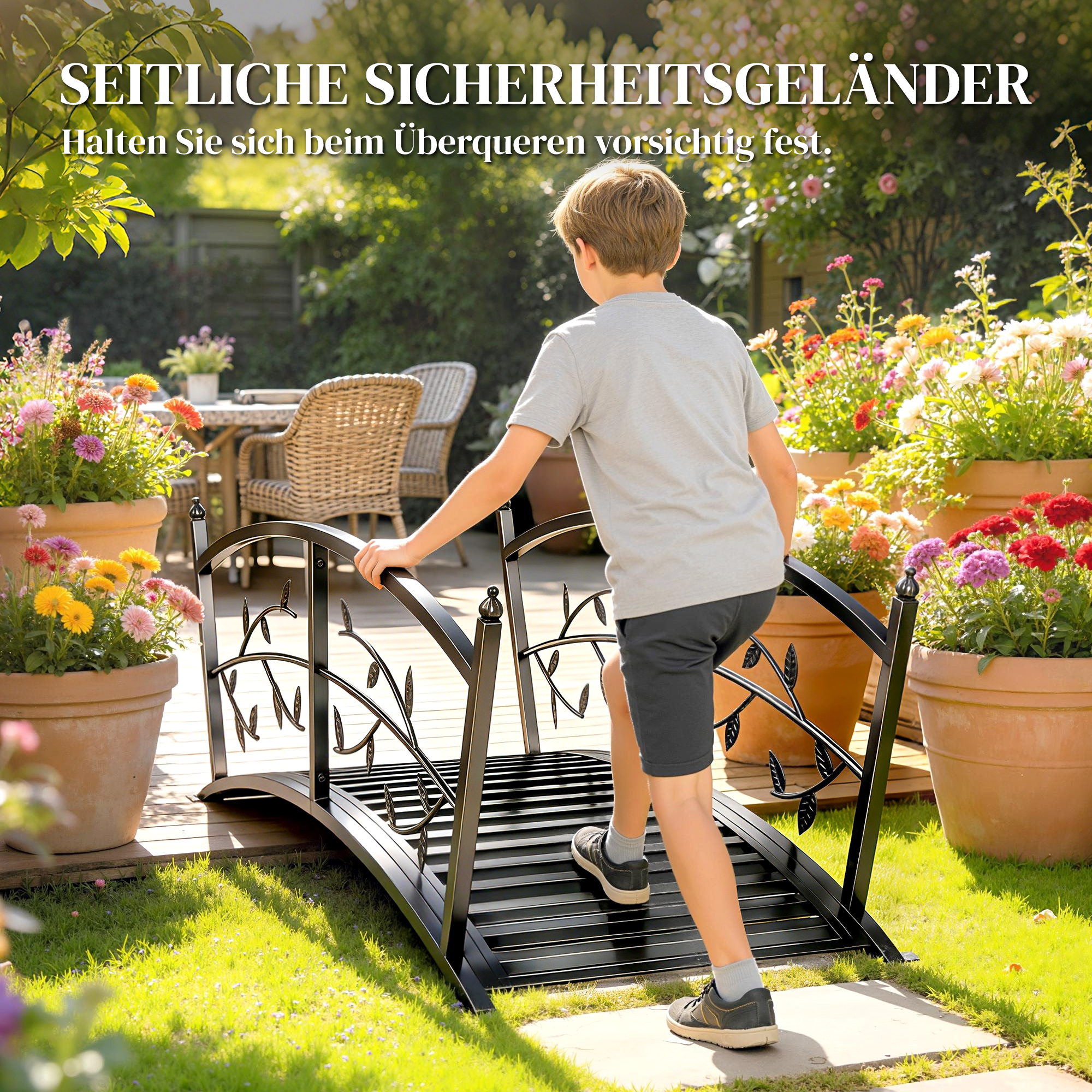 Gartenbrücke aus Metall 120 cm Teichbrücke mit Sicherheitsgeländern Antik-Optik Rostbeständig einfache Montage