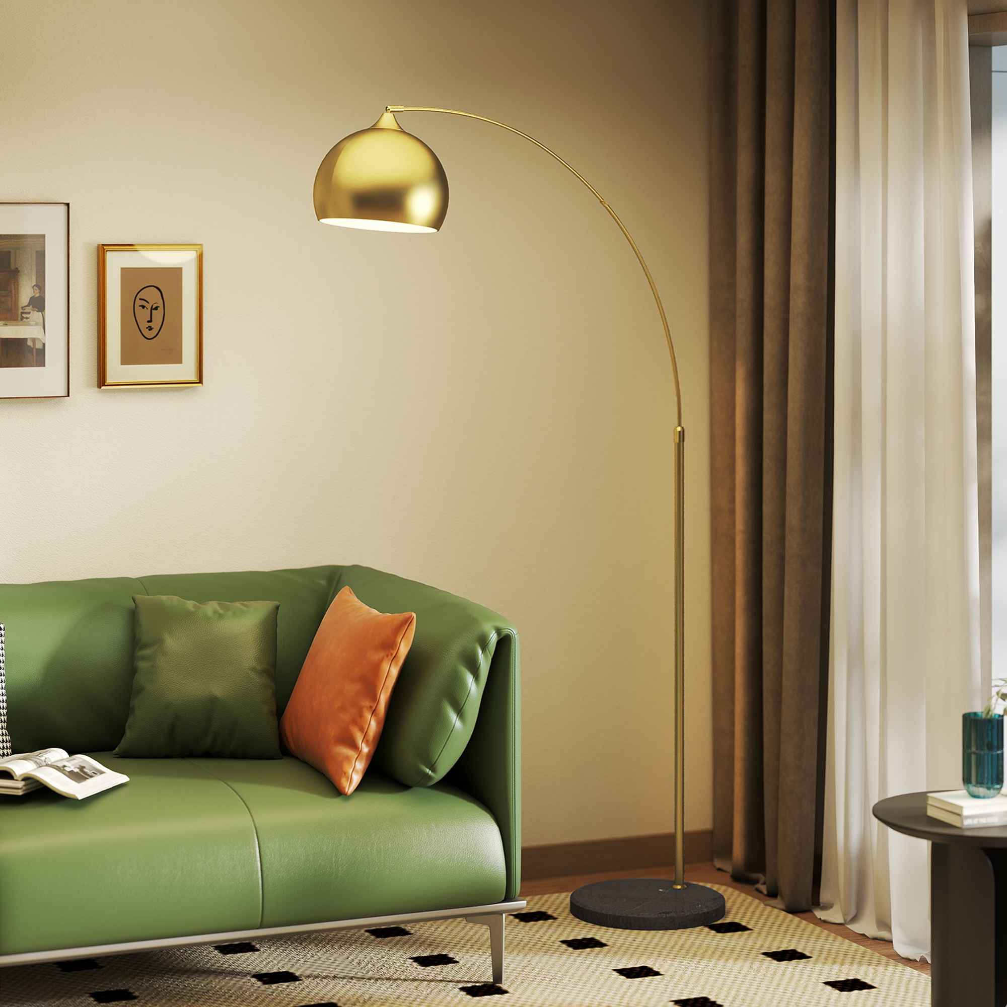 Bogenleuchte, Stehlampe, höhenverstellbar, Fußschalter, Sockel in Marmoroptik, 170-180cm, Gold/Schwarz