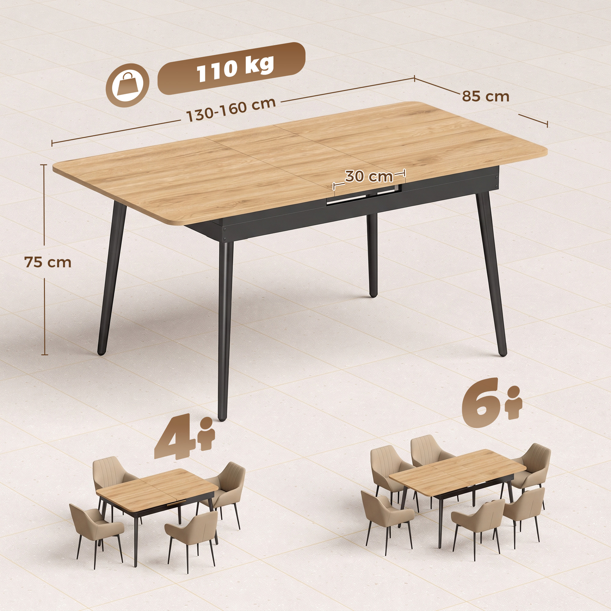 ausziehbarer Esstisch 130-160 cm, Küchentisch mit abgerundeten Ecken, Eiche