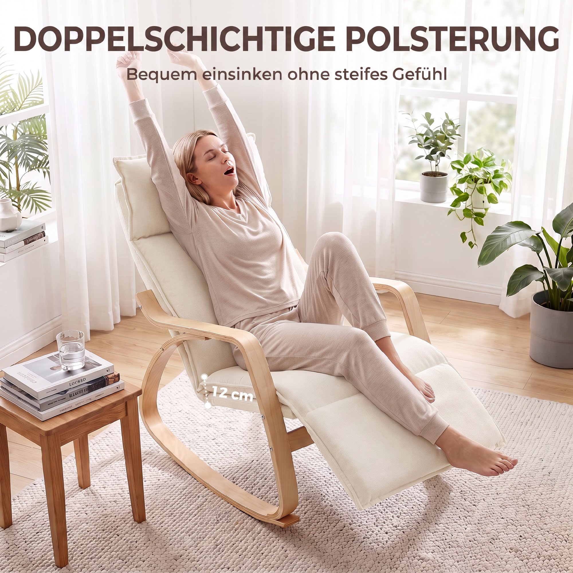 Schaukelstuhl in Leinenoptik mit 5-fach verstellbarer Fußstütze und Leinenoptik, für Wohnzimmer, Cremeweiß