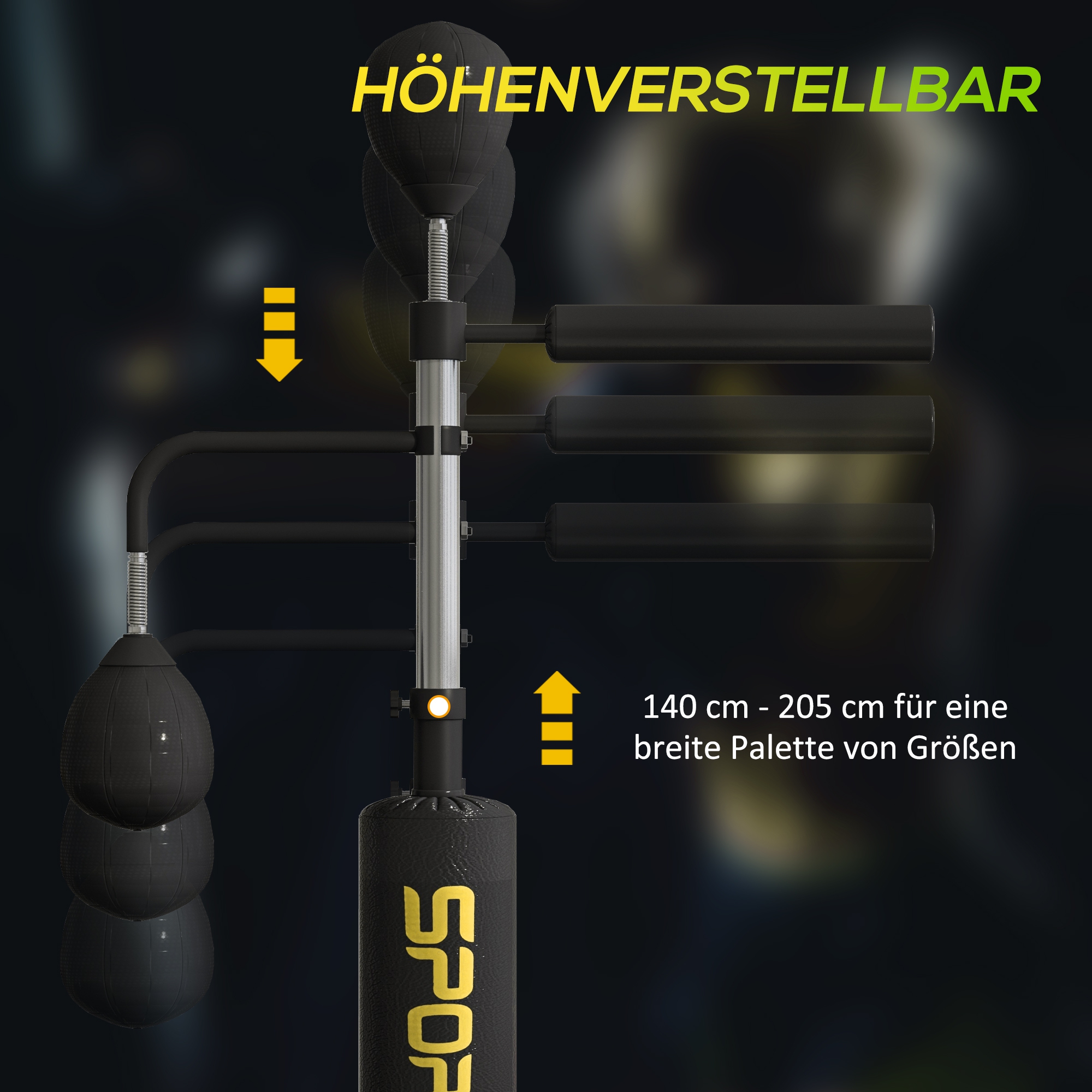 Boxstand, zwei Speedballs, drehbare Boxstange, Kickpolster, höhenverstellbar, Stahl, 107 x 36 x 140-205 cm, Schwarz