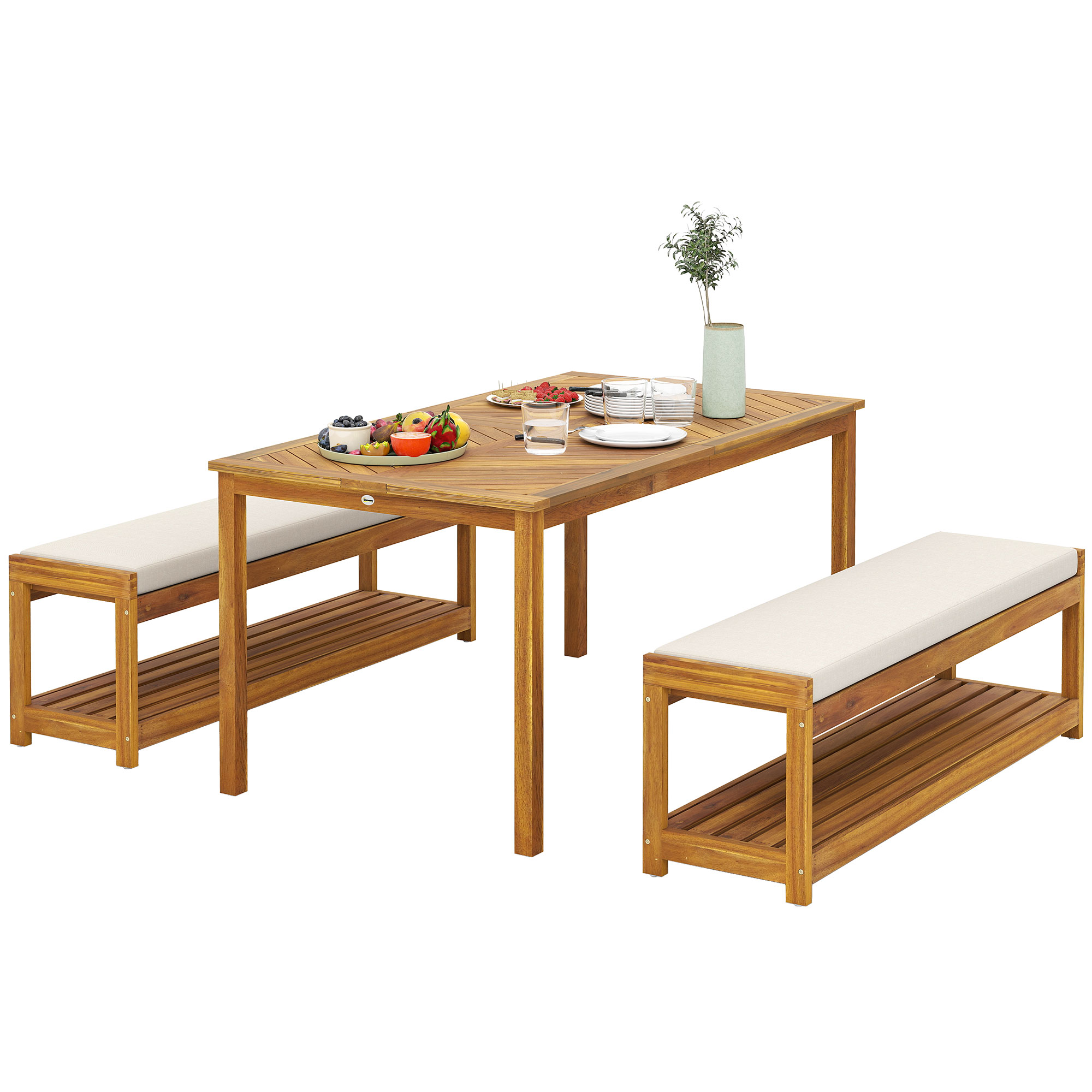 3 tlg. Gartenmöbel-Set, Sitzgarnitur inkl. 1 Esstisch mit Schirmloch, 2 Bänke 150 x 85 x 75 cm Teak