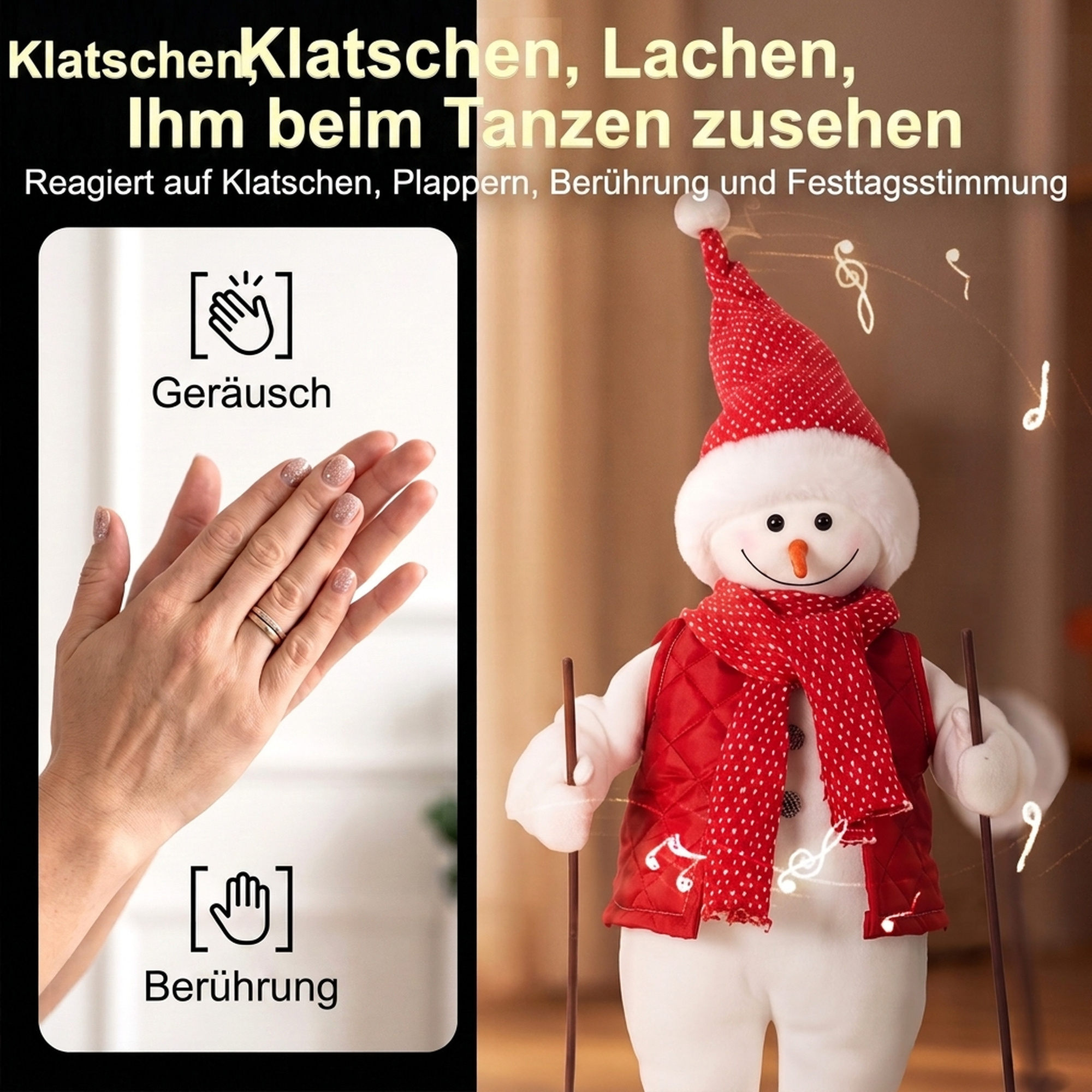 Singender Skifahrer-Weihnachtsmann, 65 cm, animierte Weihnachtsfigur mit Skiern, Stöcken und Sound-/Berührungsaktivierung