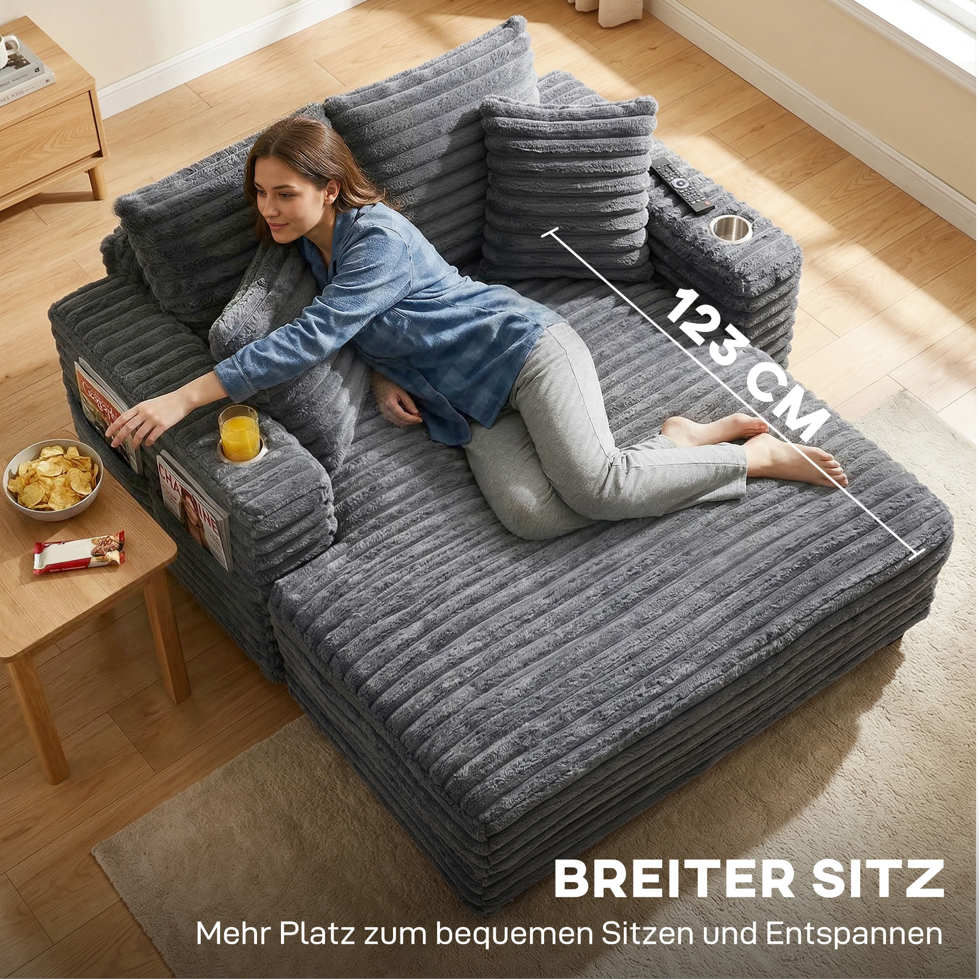 Chaiselongue 2 Sitzer Groß Schlafsofa 134 x 151 cm mit Becherhalter für Wohnzimmer, Grau