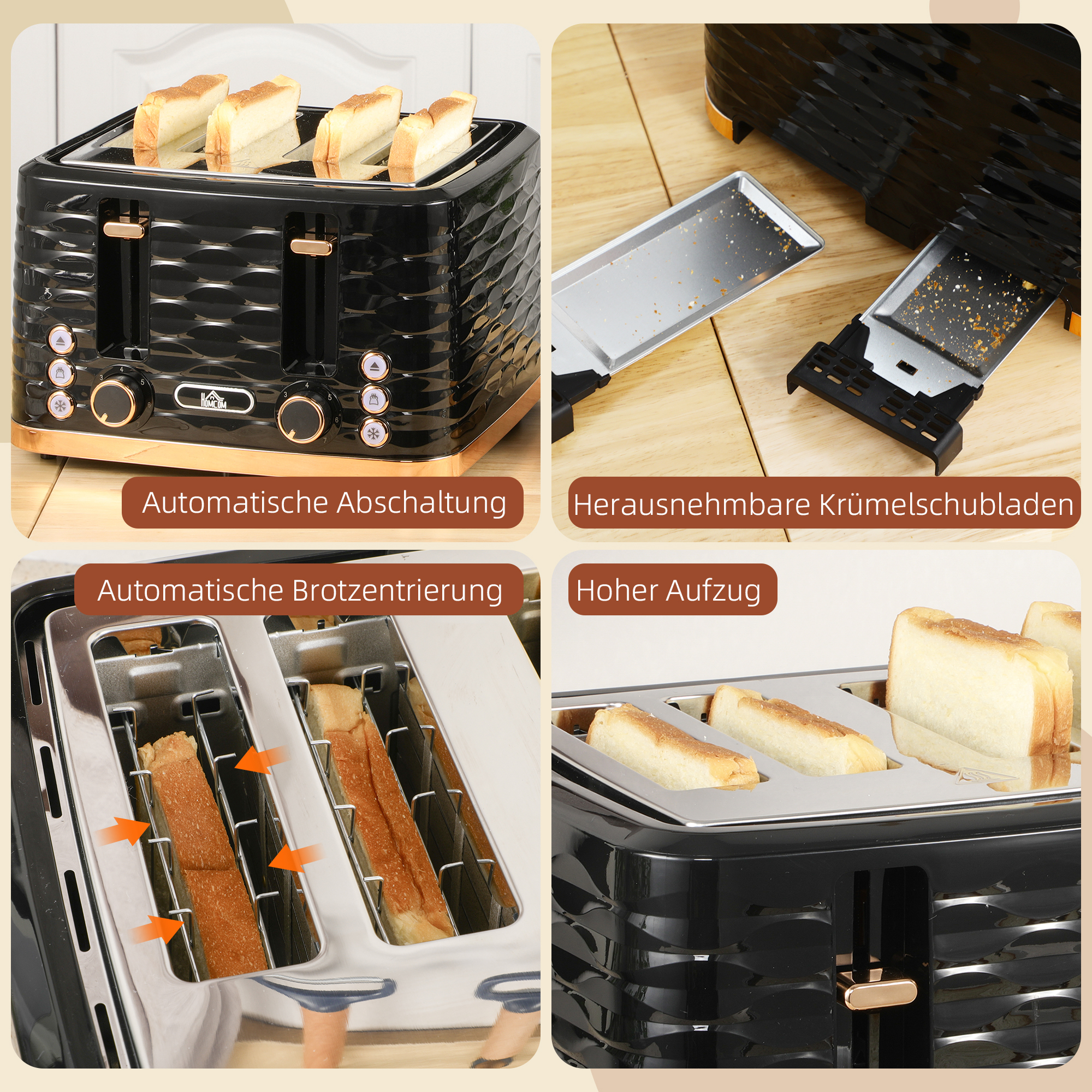 4-Scheiben-Toaster, wellenförmiges Design, mehrere Funktionen, Krümelfach, Schwarz