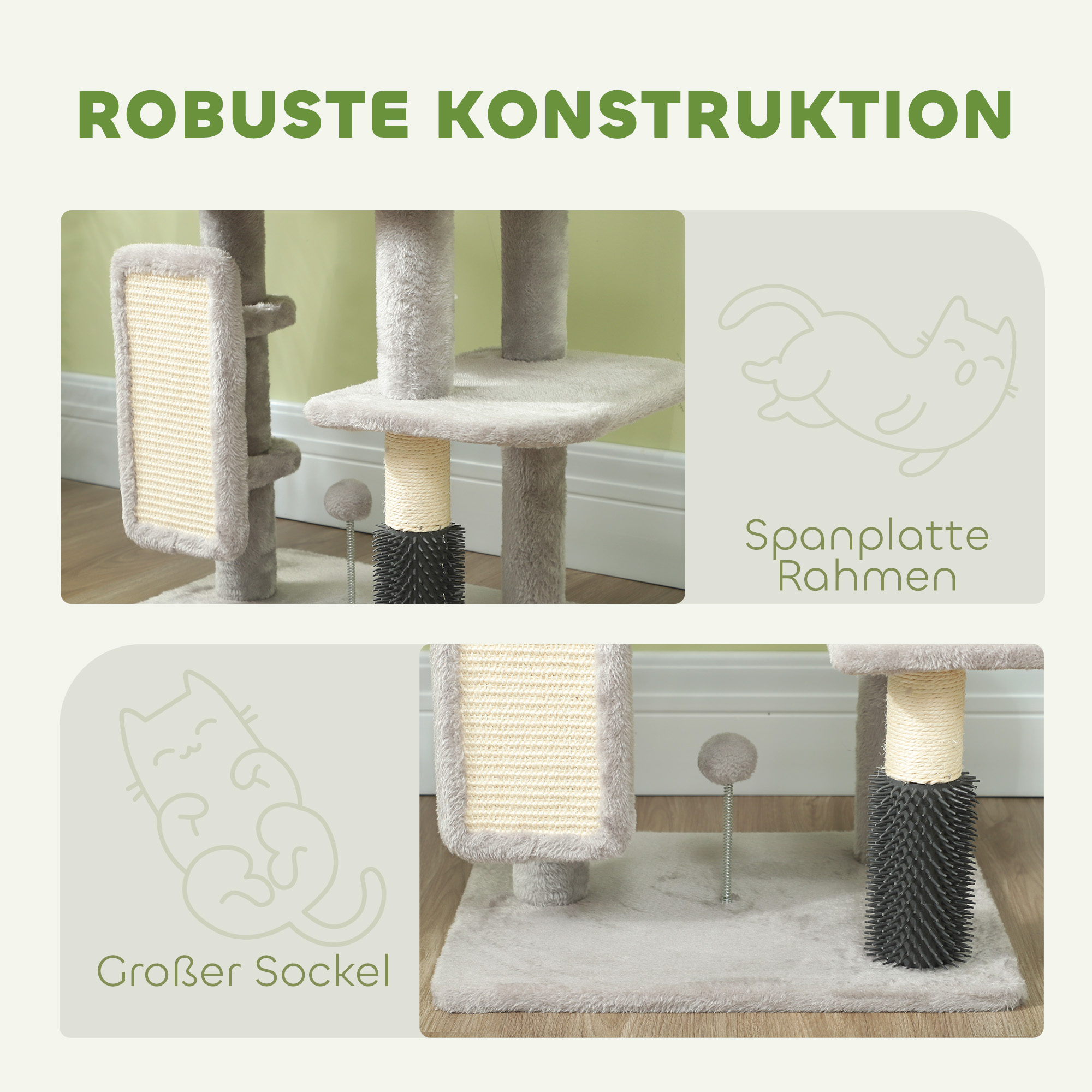 Kratzbaum 104 cm Katzenbaum mit Katzenhöhle Bett Sisal-Kratzsäulen Kratzbrett Plüschbälle für Katzen bis 5 kg Hellgrau