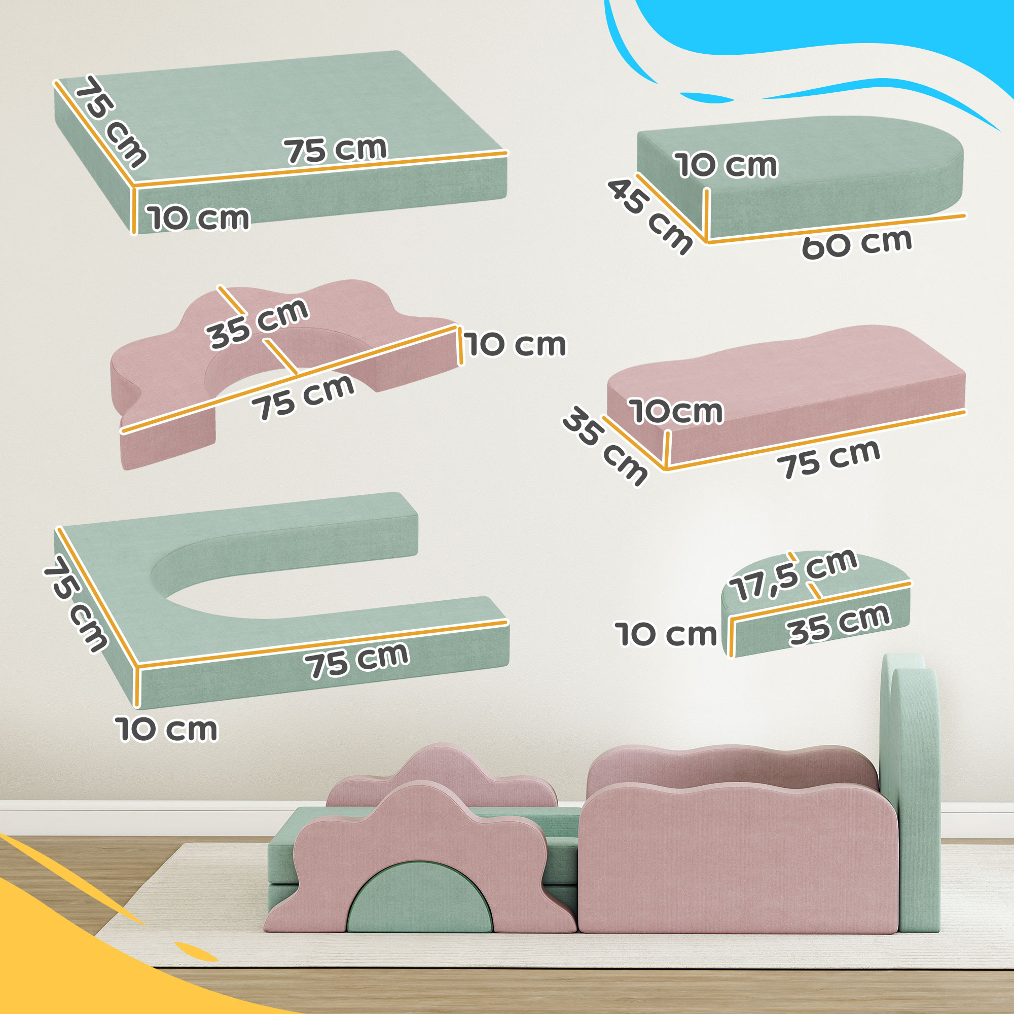 12-teiliges Set Schaumstoffblöcke zum Klettern, Bauen, Krabbeln, Indoor-Spielmatten mit Cordbezug, Grün+Rosa