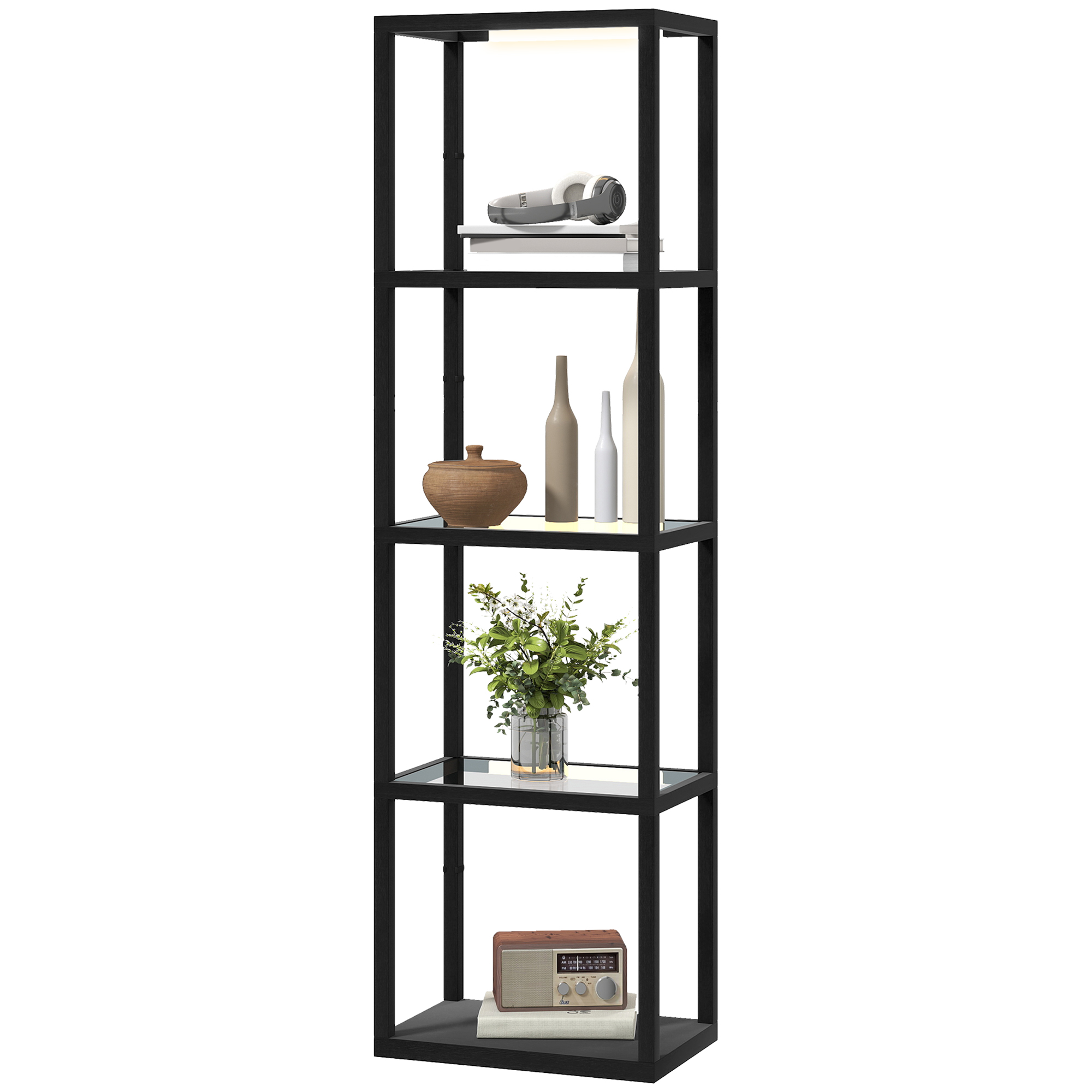 LED-Stehlampe mit 4-stufigem Regal, Leuchtregal mit 4 Glasfächern, Fußschalter, MDF, Schwarz LED-Stehlampe mit 4-stufigem Regal, Leuchtregal mit 4 Glasfächern, Fußschalter, MDF, Schwarz