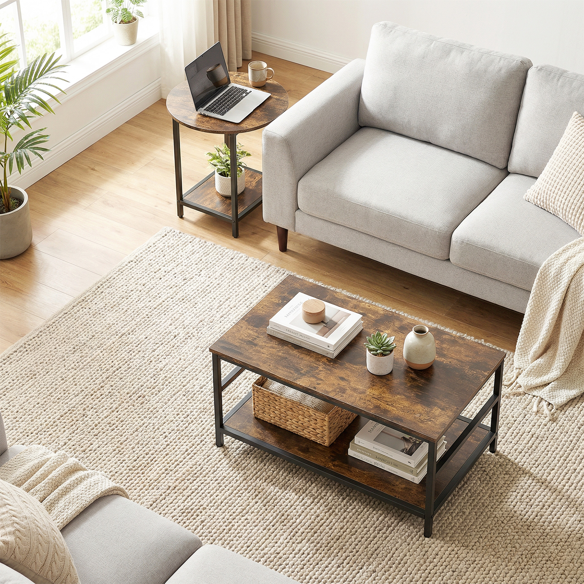 Couchtisch-Set, 2-teilig, rechteckiger und runder Tisch mit 2-stufigem Stauraum, für Wohnzimmer, Rustikal-Braun