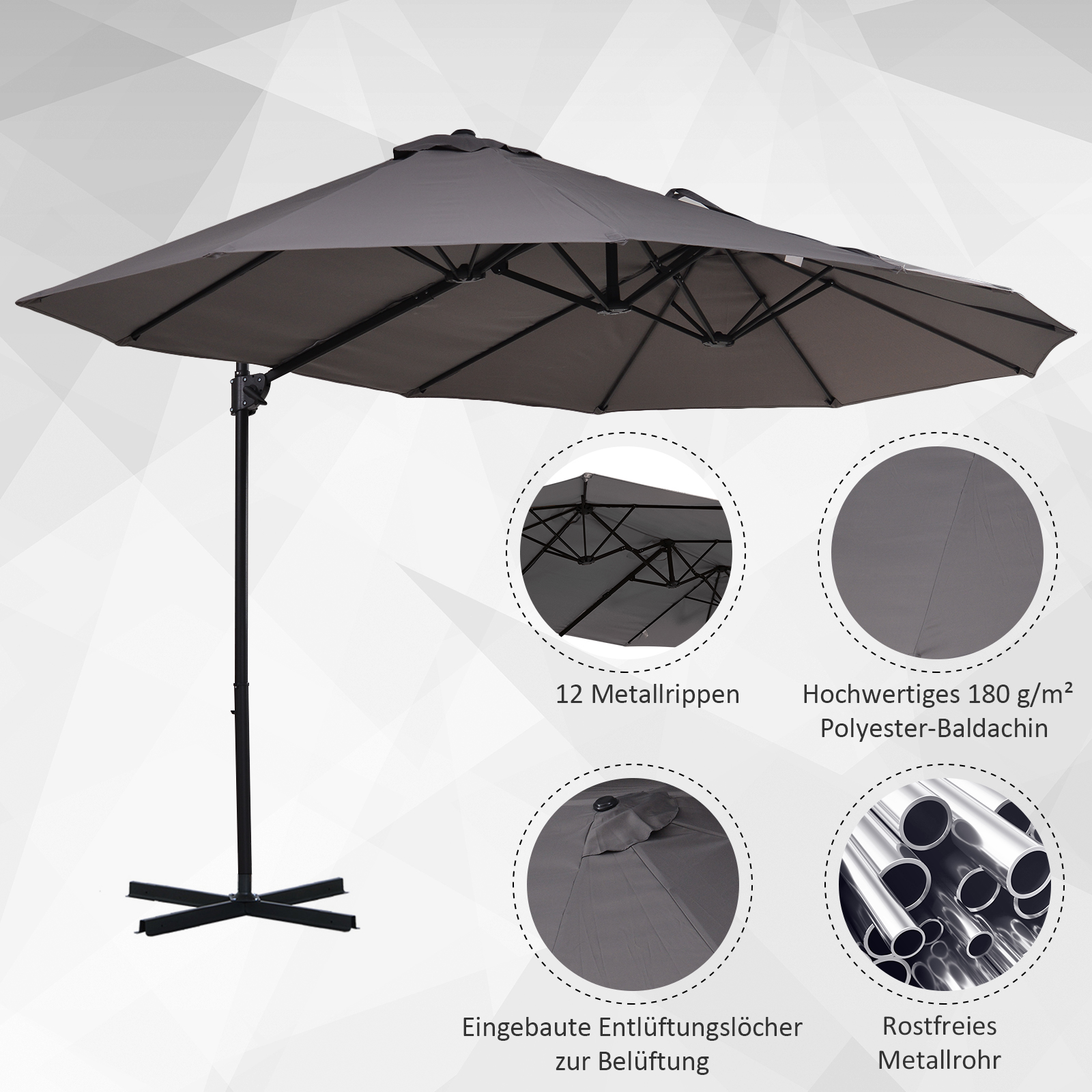 XXL-Sonnenschirm mit Kreuzständer inkl. Handkurbel wetterbeständig 270 cm x 440 cm x 250 cm Grau
