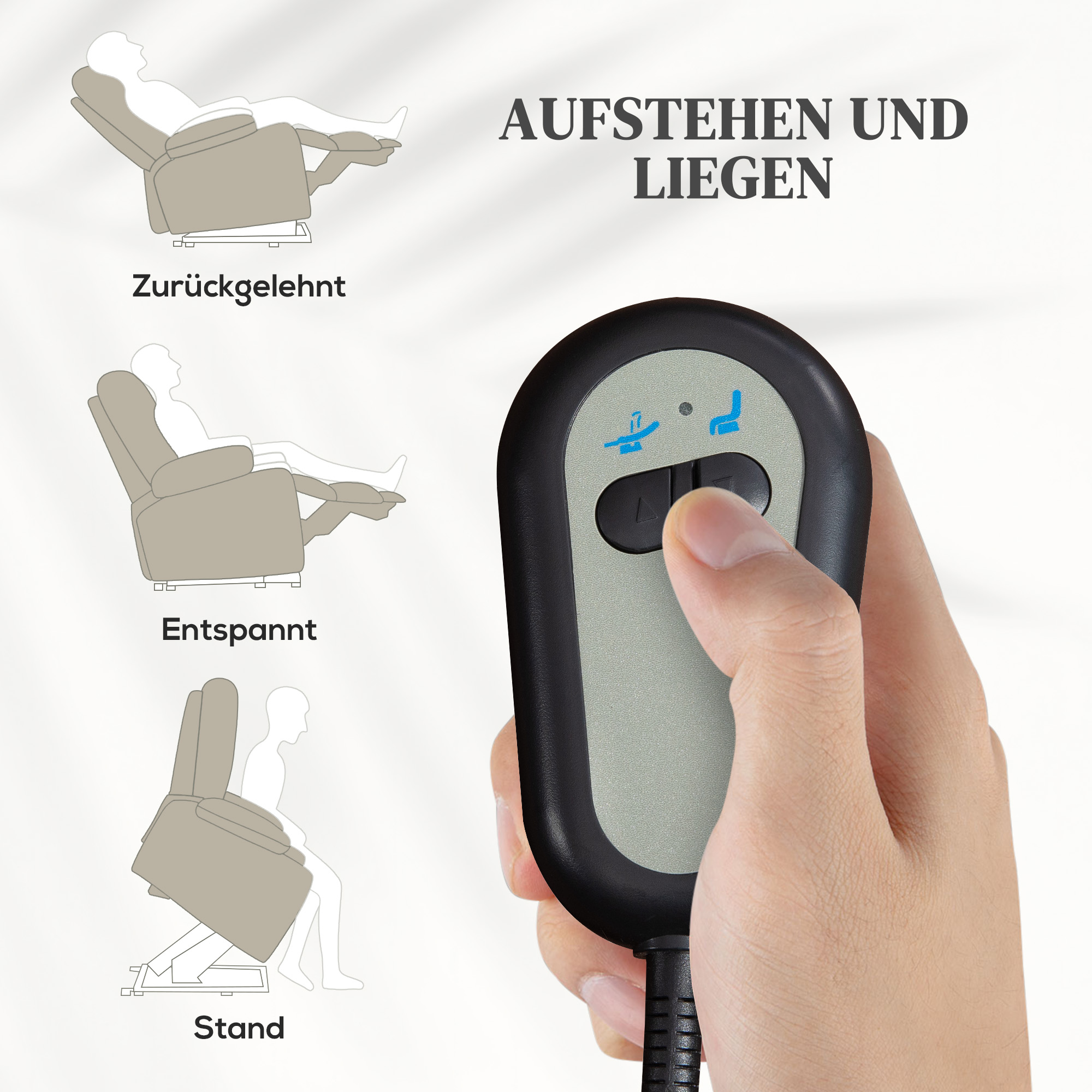 Relaxsessel mit Aufstehhilfe, verstellbare Rückenlehne/Fußstütze, bis 120 kg, 66 x 90 x 96 cm, Beige
