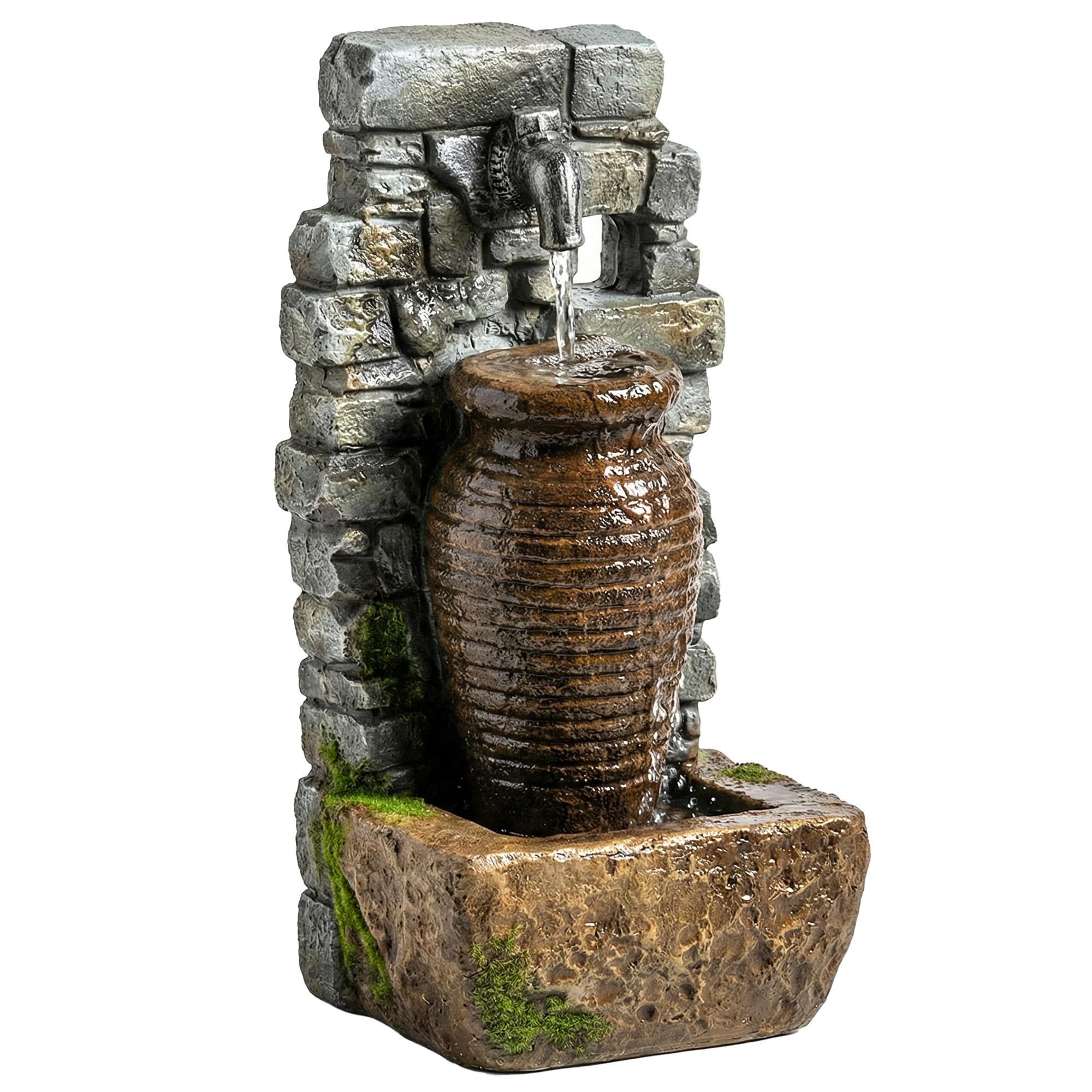 Gartenbrunnen mit einstellbarem Wasserfluss und 3-stufiger rustikaler Steinwand im Krugdesign