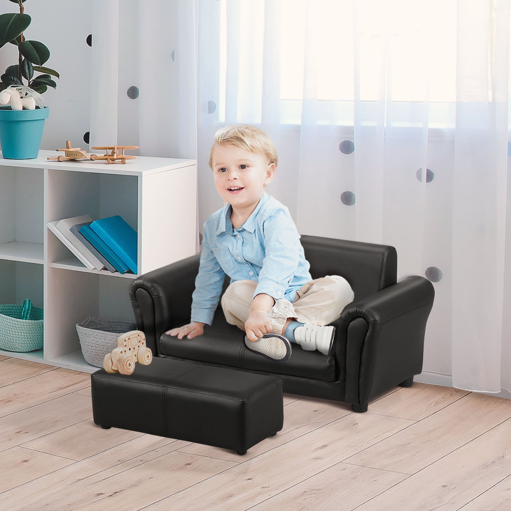 Kindersessel mit Fußhocker, Kindercouch mit Hocker, Kindersofa, Sofa Sessel, Schwarz, 83 x 42 x 41 cm