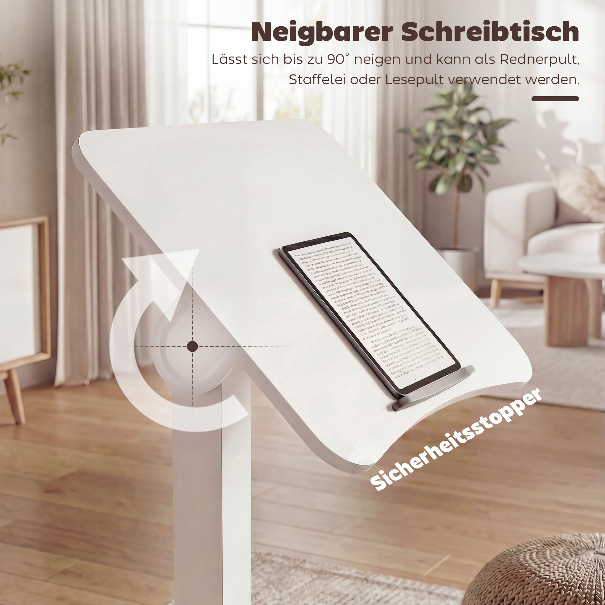 Höhenverstellbarer Stehschreibtisch, Rollbarer Schreibtisch mit neigbarer Tischplatte, Sicherheitsstopper, Rollen, Weiß