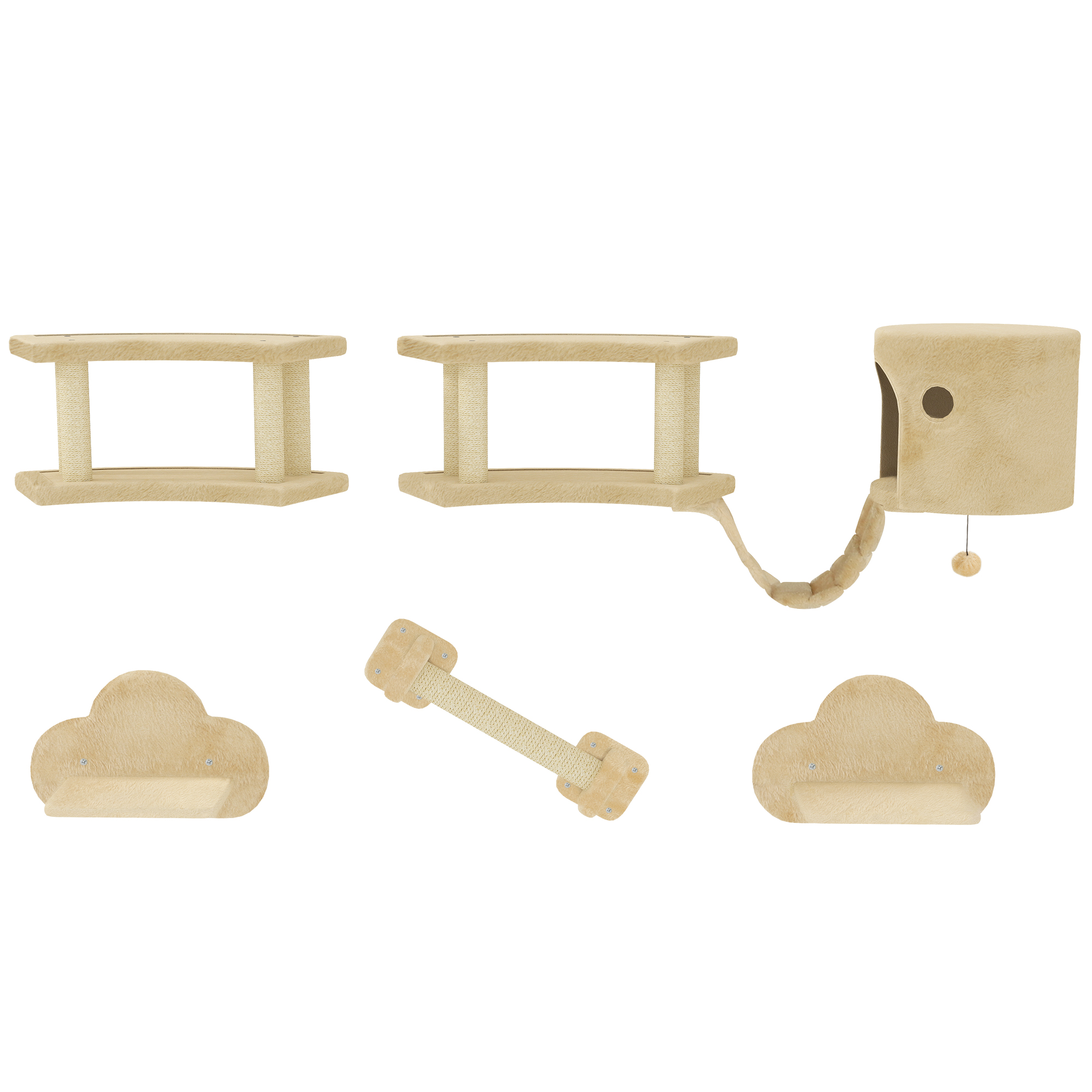 5-teiliges Katzen-Kletterset mit Kratzpfosten, Sprungplattformen, Leiter, Haus, Wandmontage, Beige 5-teiliges Katzen-Kletterset mit Kratzpfosten, Sprungplattformen, Leiter, Haus, Wandmontage, Beige