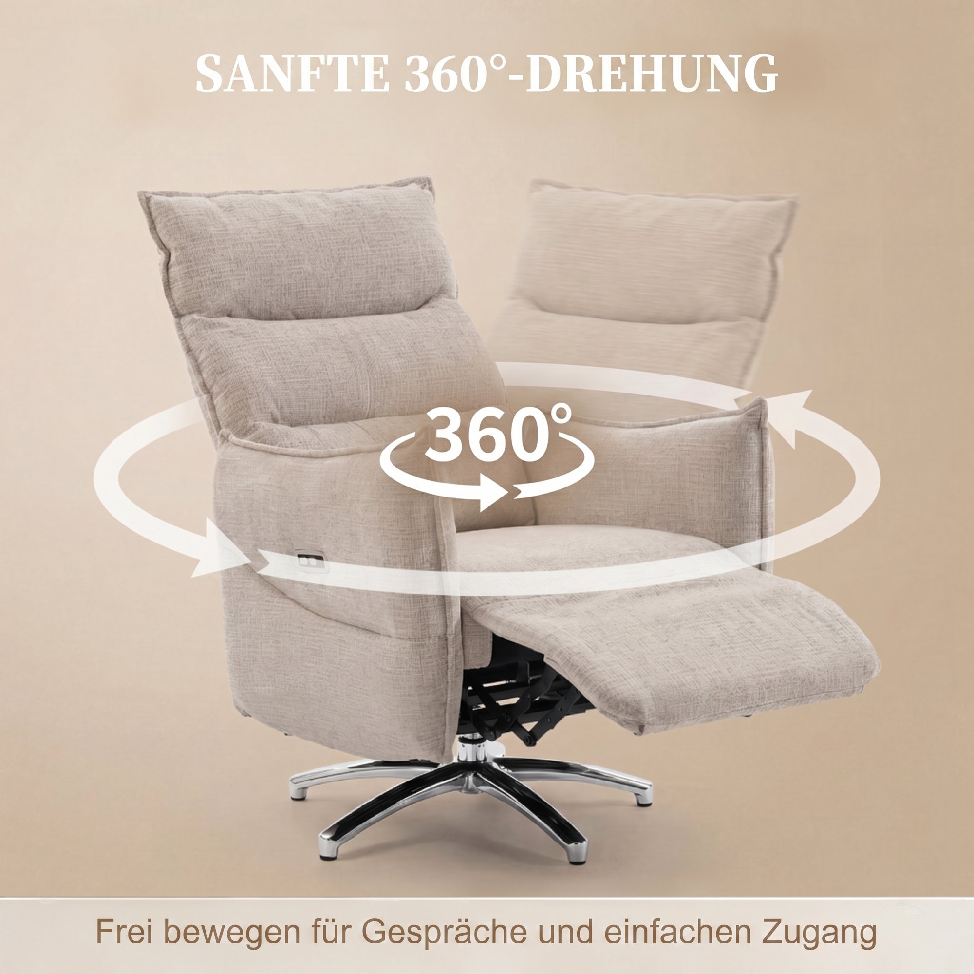 drehbarer elektrischer Relaxsessel für Erwachsene, Sessel mit Leinenoptik-Stoff und Ladeanschlüssen, Beige
