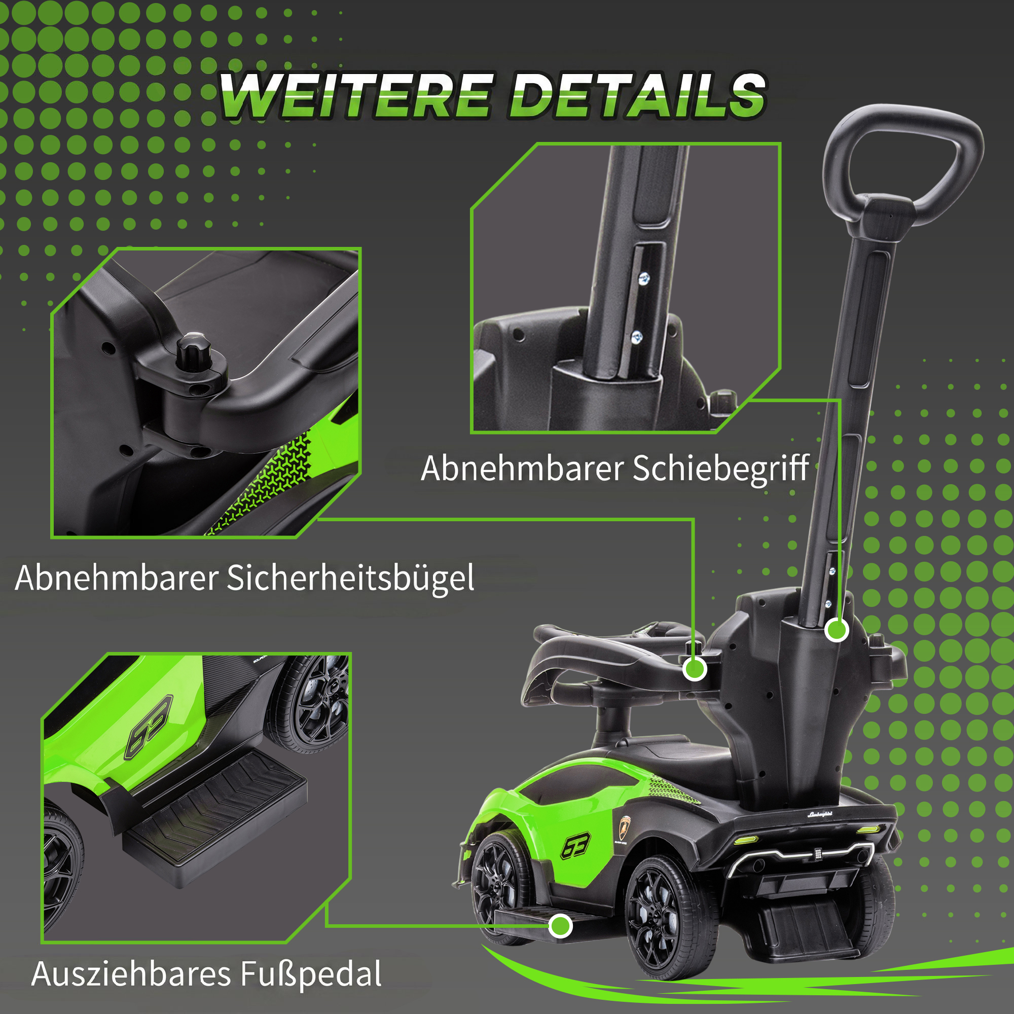 Rutschauto mit Schiebstange 2-in-1 Rutschfahrzeug mit Lenkrad mit Hupe Fußstütze Sitzstauraum Grün