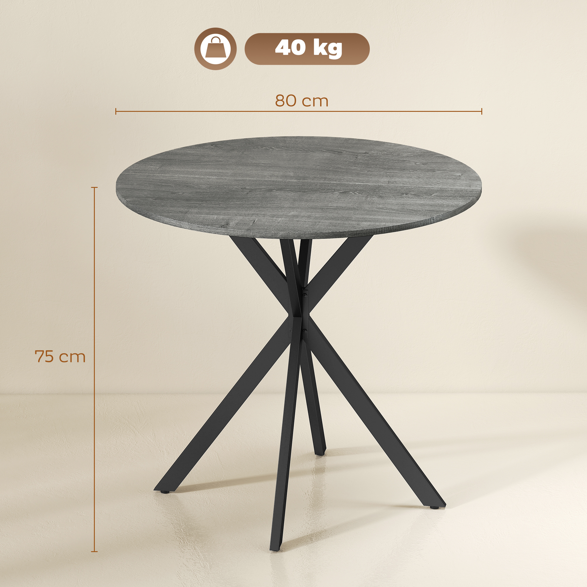 Runder Küchentisch, 80 cm, kompakte Tischplatte, Spanplatte, Metall, Grau