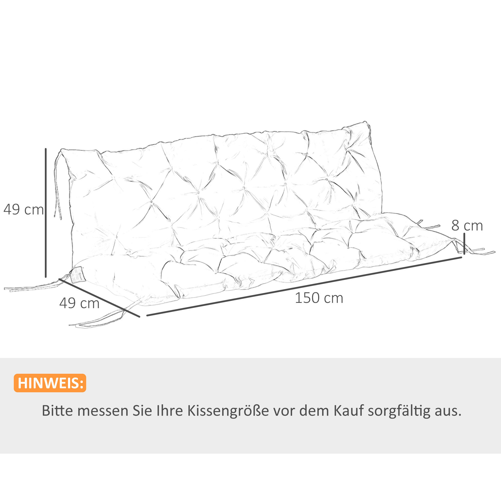 3 Sitzer Bankauflage 150x98x8 cm Bankkissen mit Bändern, Bankpolster für Gartenmöbel Hollywoodschaukel, Hellgrau