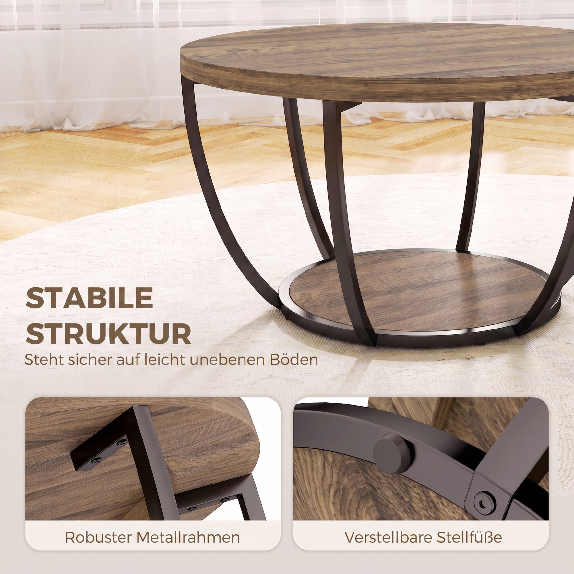Couchtisch mit 2 Ebenen, Wohnzimmertisch 80 x 80 x 43,8 cm, Braun/Schwarz