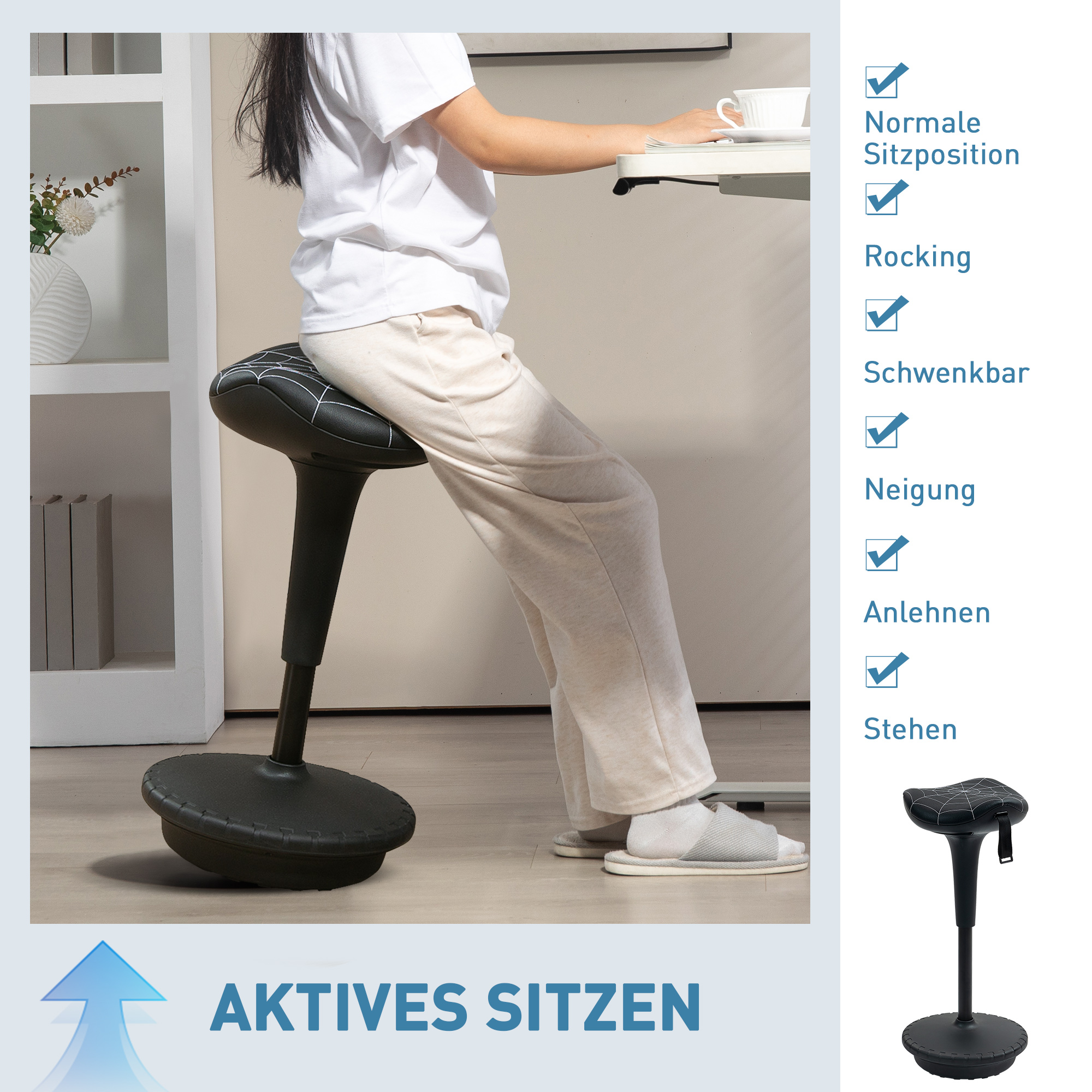 Bürohocker mit Schwenkfunktion, ergonomischer Hocker, höhenverstellbar 65,5-83,5 cm 120° neigbar Schwarz