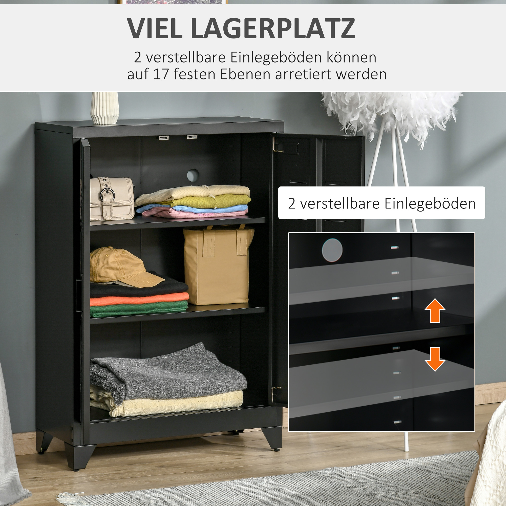 Aktenschrank Metallschrank Mehrzweckschrank mit magnetischer Lamellen-Doppeltür Verstellbarer Einlegeboden Büroschrank Aufbewahrungsschrank für Arbeitszimmer Wohnzimmer 75 x 33 x 110 cm Schwarz