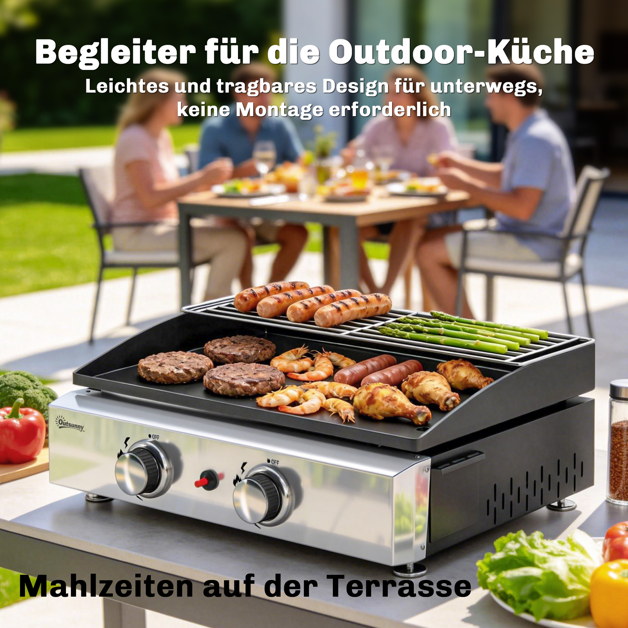 Gasgrill 5kW Tragbarer Tischgrill mit 2 Brenner Keramische Lackbeschichtung Grillrost Warmhalterost