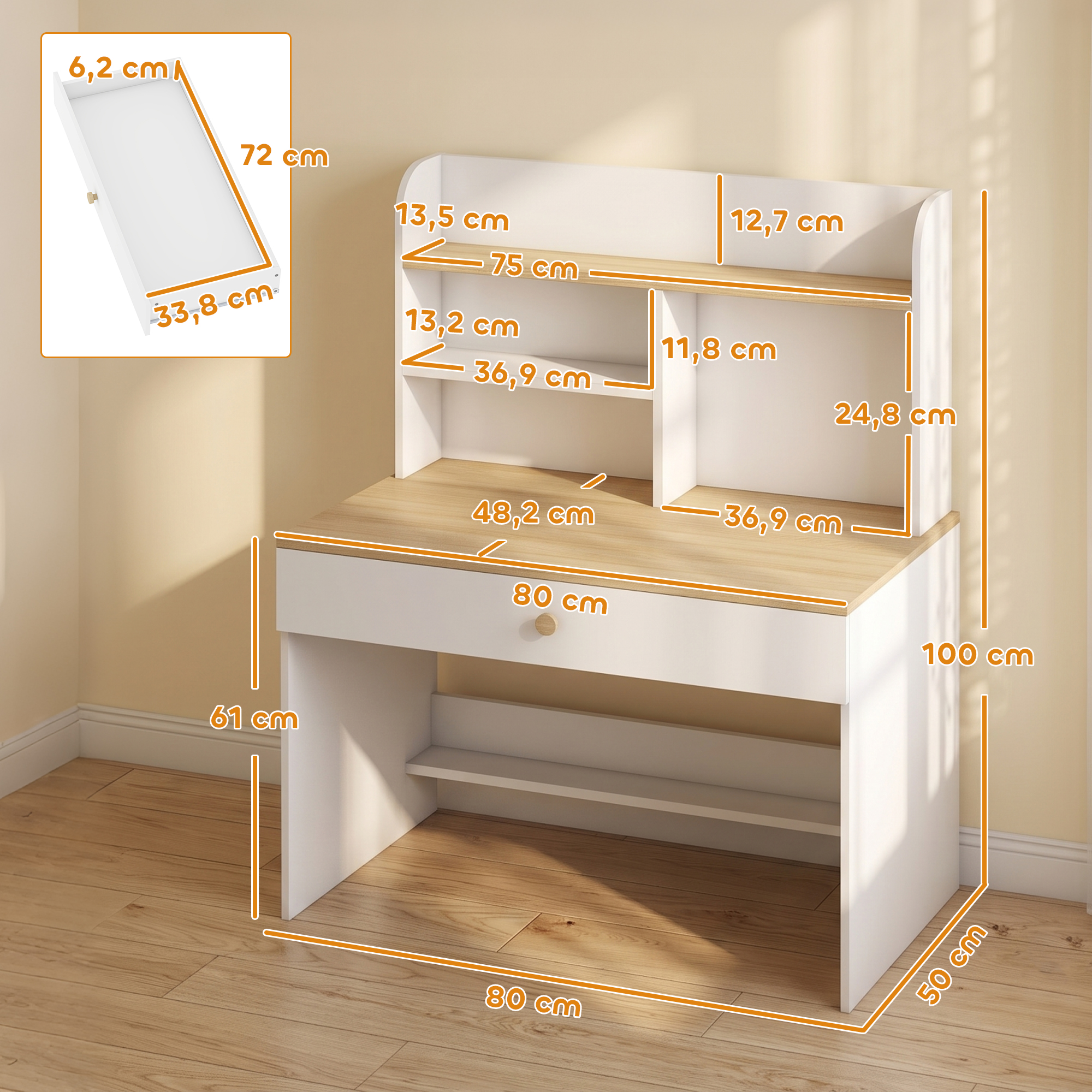 Kinderschreibtisch Kinder Schreibtisch mit Schublade Bücherregal Stauraum für Kinder 3-8 Jahre, 80 x 50 x 100 cm Weiß