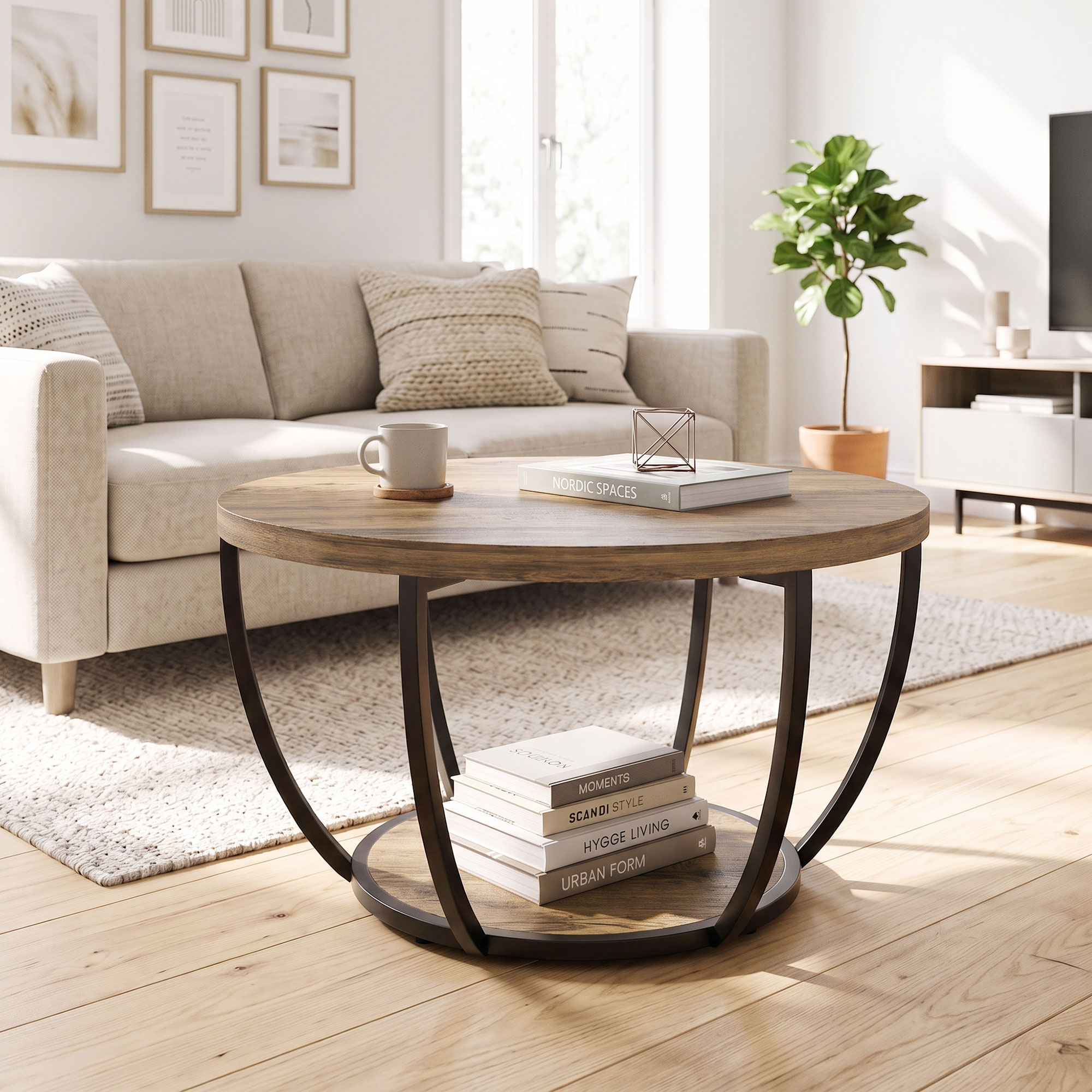 Couchtisch mit 2 Ebenen, Wohnzimmertisch 80 x 80 x 43,8 cm, Braun/Schwarz