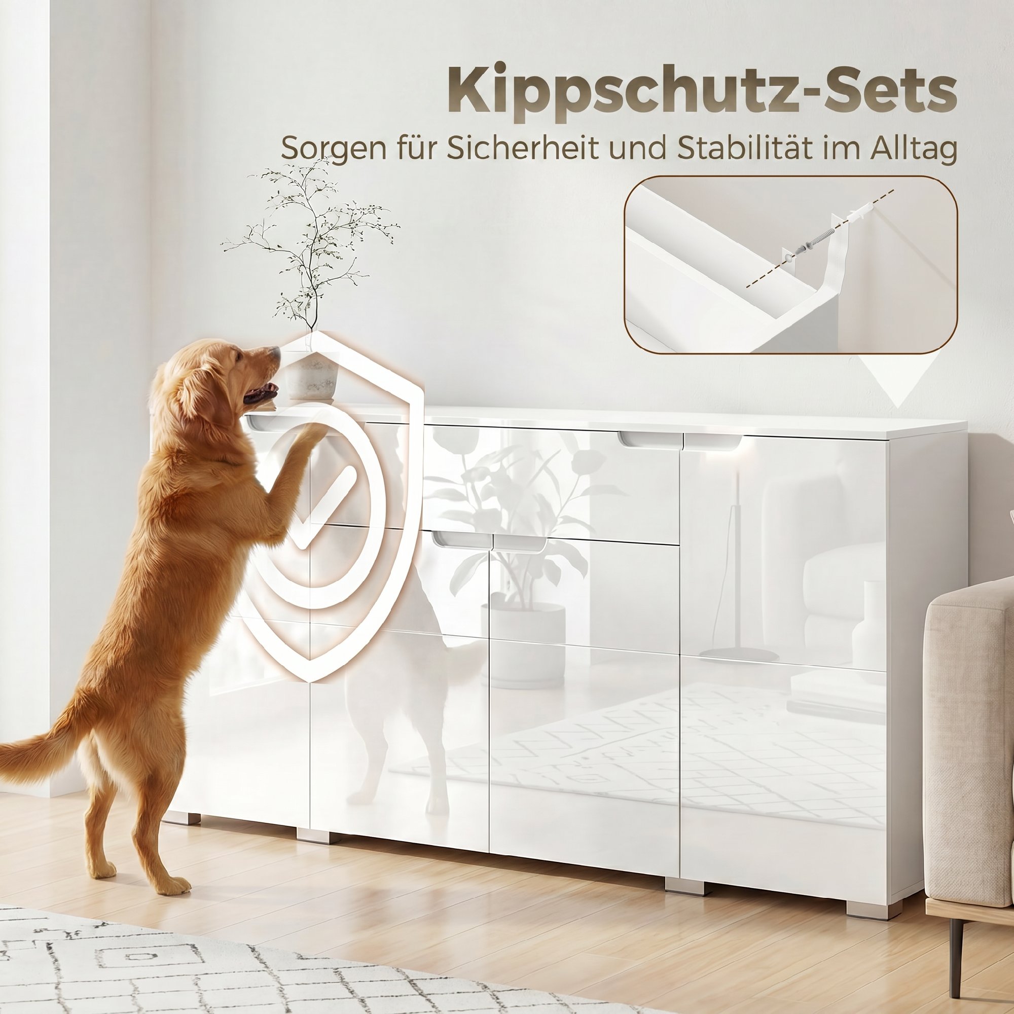 Hochglanz-Sideboard, moderne Kommode mit 4 Türen und verstellbaren Einlegeböden, Soft-Close-Funktion, Weiß