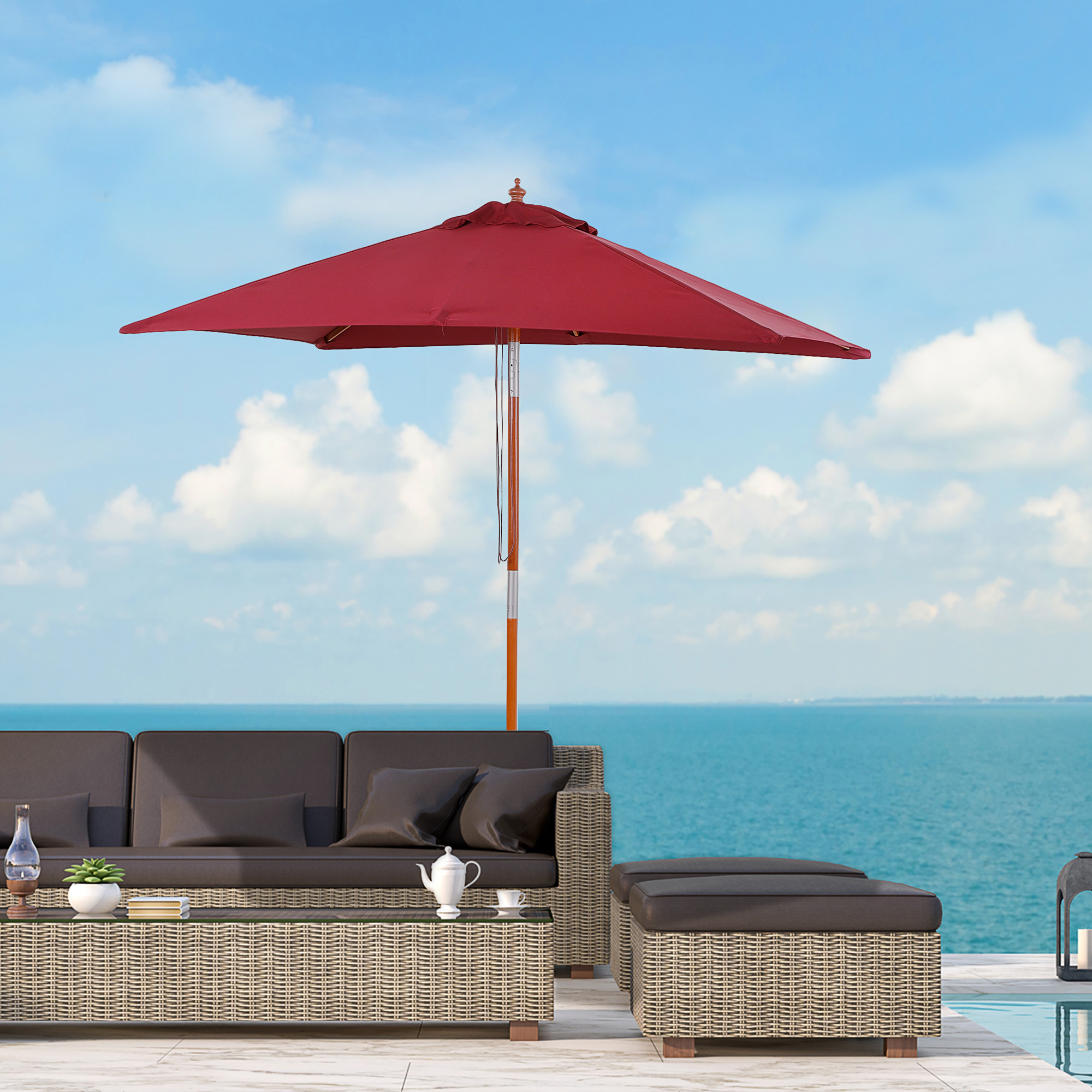 Sonnenschirm 200 x 150 x 235 cm Knickbarer Gartenschirm 3-stufig einstellbar rechteckig Strandschirm wasserabweisend und UV-beständig für Strand Balkon Terrasse Garten Weinrot