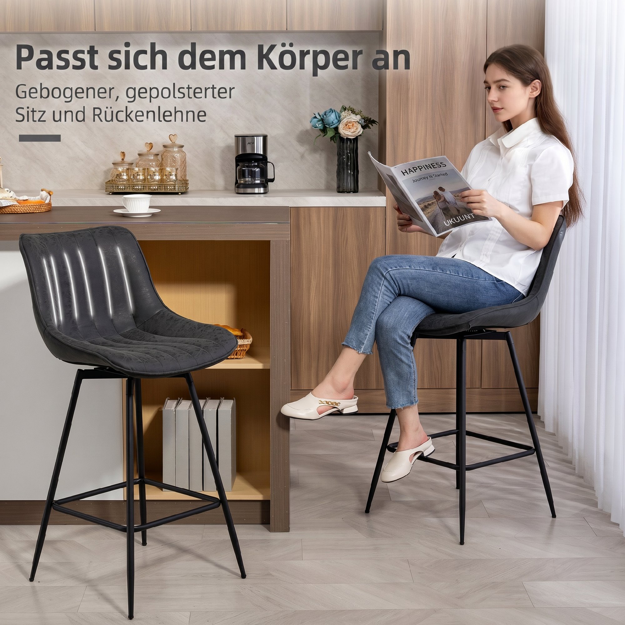 Barhocker Set aus 2, 68 cm drehbare Tresenhocker mit Rückenlehne für Kücheninsel, Esszimmer, Schwarz