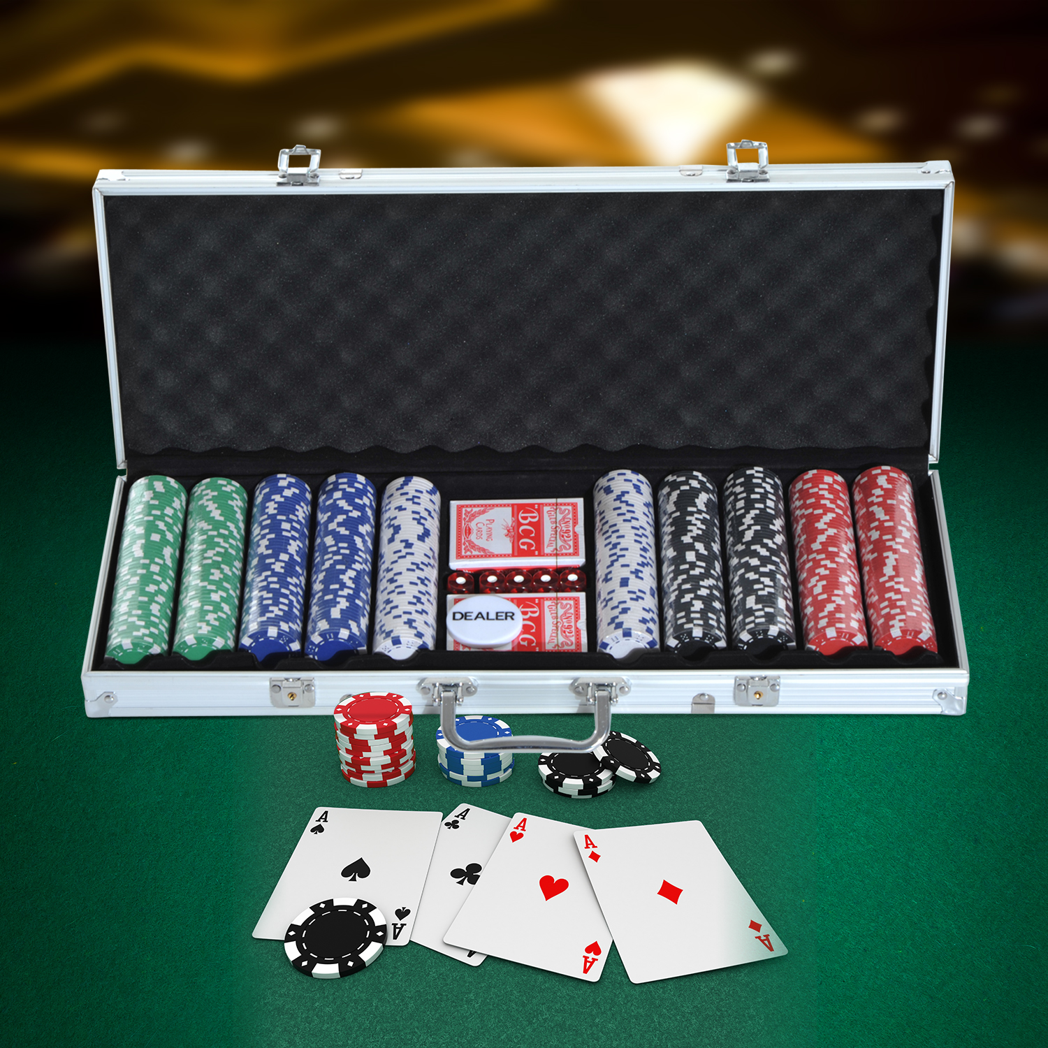 Pokerset, 500 Chips, 2 Kartendecks, 5 Würfel, Aluminium-Koffer, verschließbar
