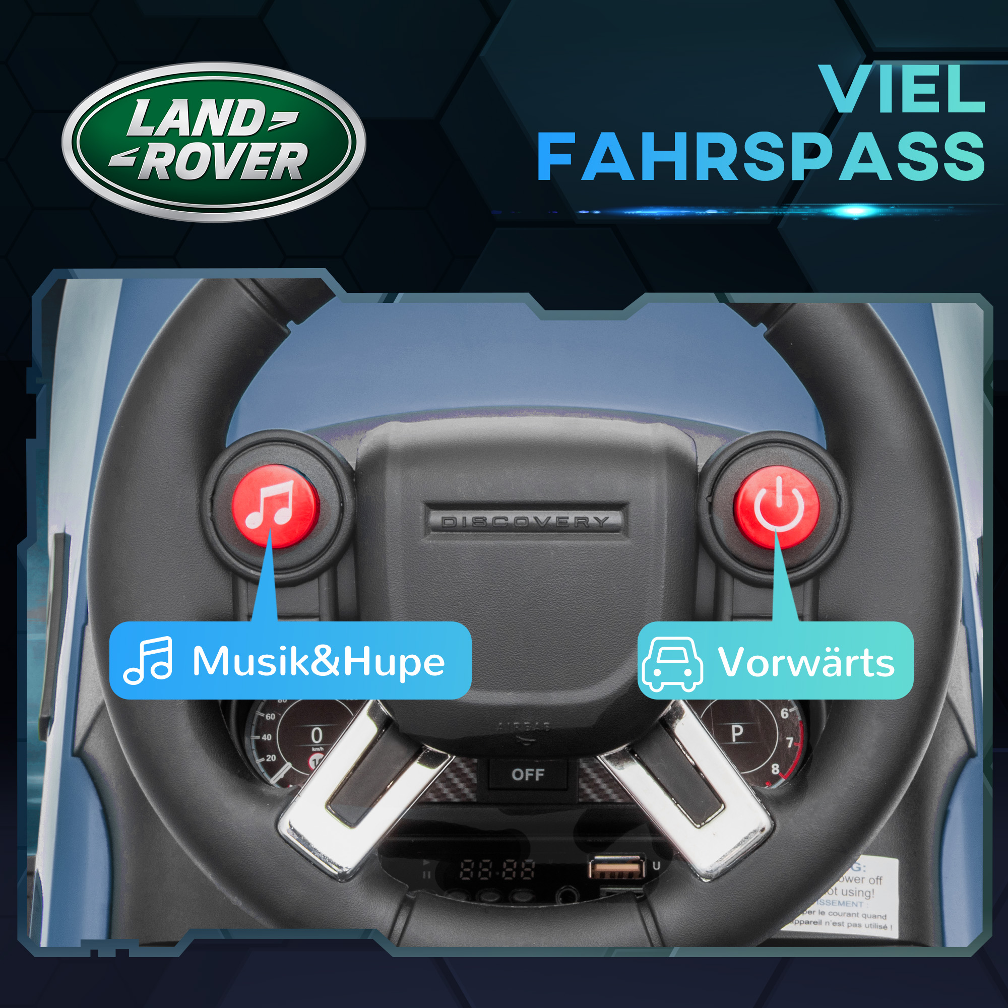Elektro-Kinderauto 6V, Land Rover, Fahr-/Schiebemodus, Scheinwerfer, Musik, Hellblau